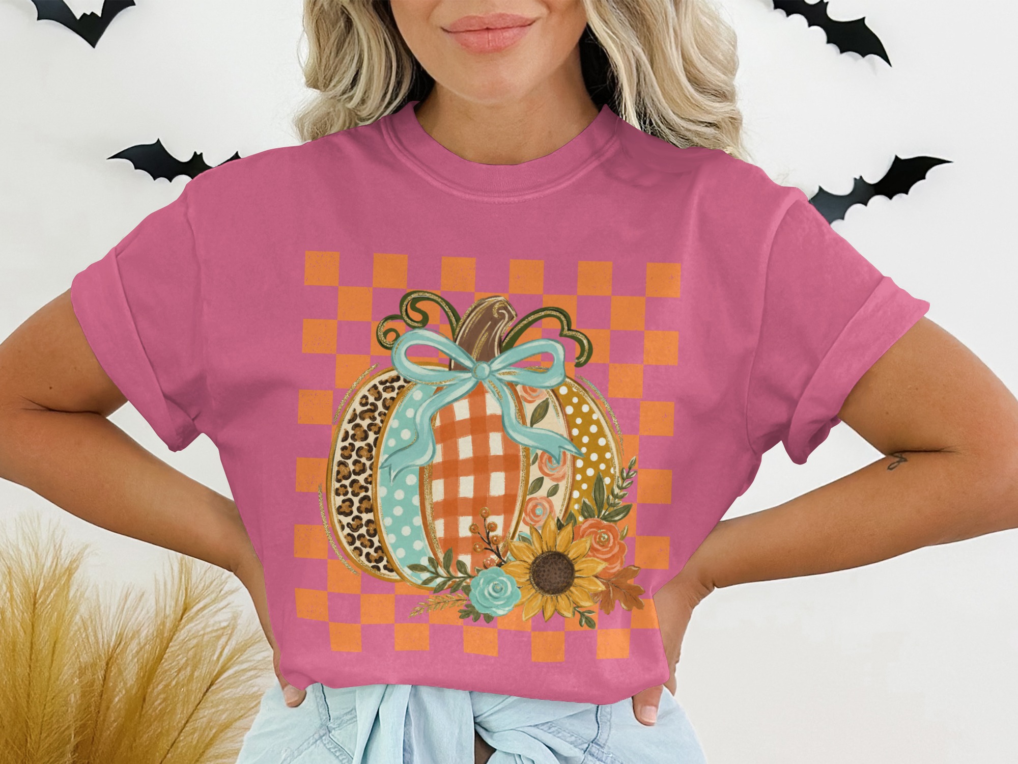 Cute Fall Pumpkin T-Shirt, Distressed Checkerboard Autumn Tee, Floral Leopard Print Pumpkin Shirt, Thanksgiving Gift - Image 13