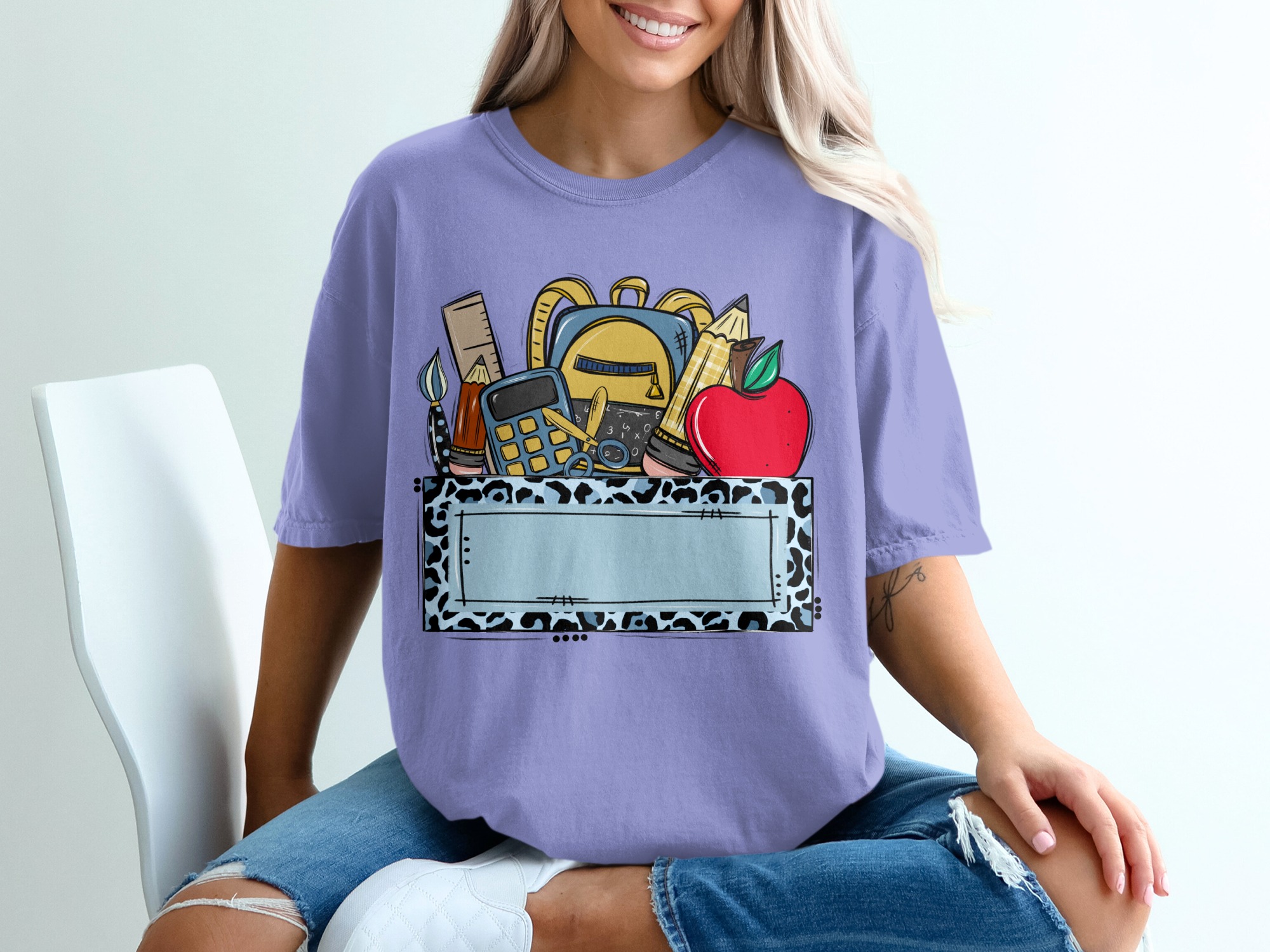 Custom Teacher T-Shirt, Personalized School Supplies Tee with Blue Leopard Print, Back to School Educator Gift, Made to Order Mascot Name - Image 18