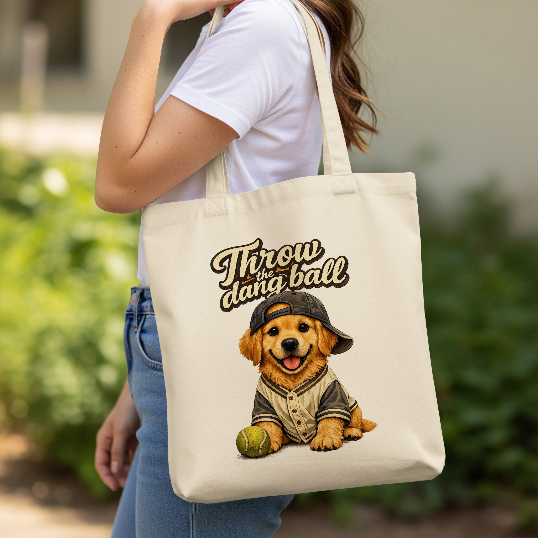 Golden Retriever Tote Bag, Funny Dog Baseball Cap Puppy Canvas Shopper Bag, 'Throw the Dang Ball' Pet Lover Gift - Image 11