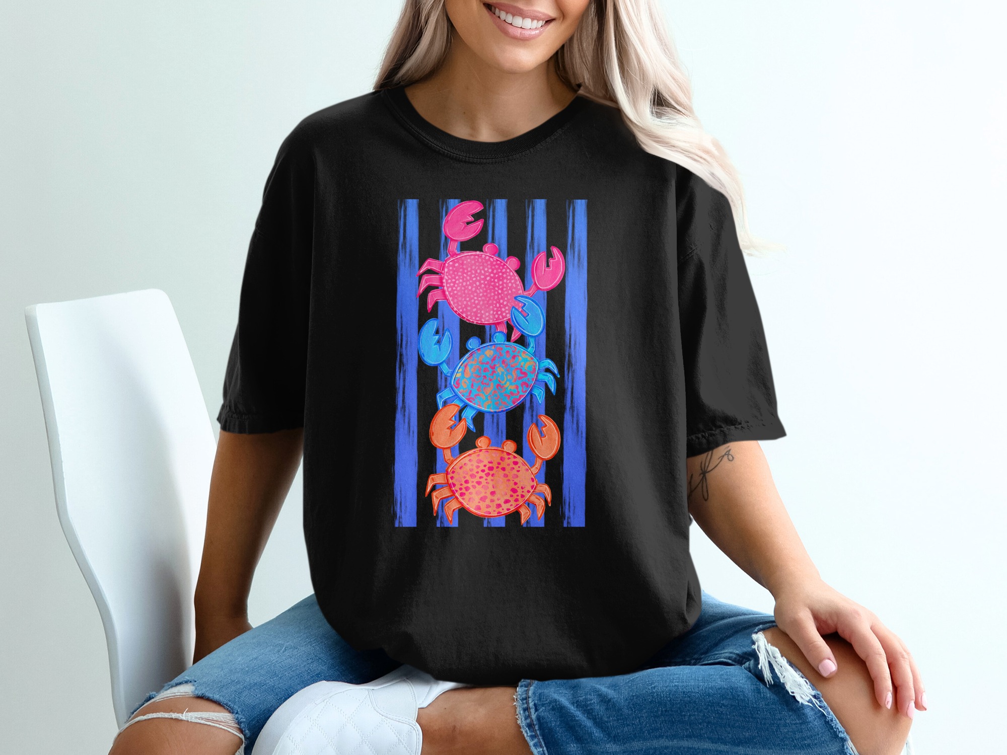 Colorful Crab T-Shirt, Stacked Crabs Beach Lover Tee, Vibrant Coastal Striped Summer Shirt, Ocean Life Gift for Her - Image 2