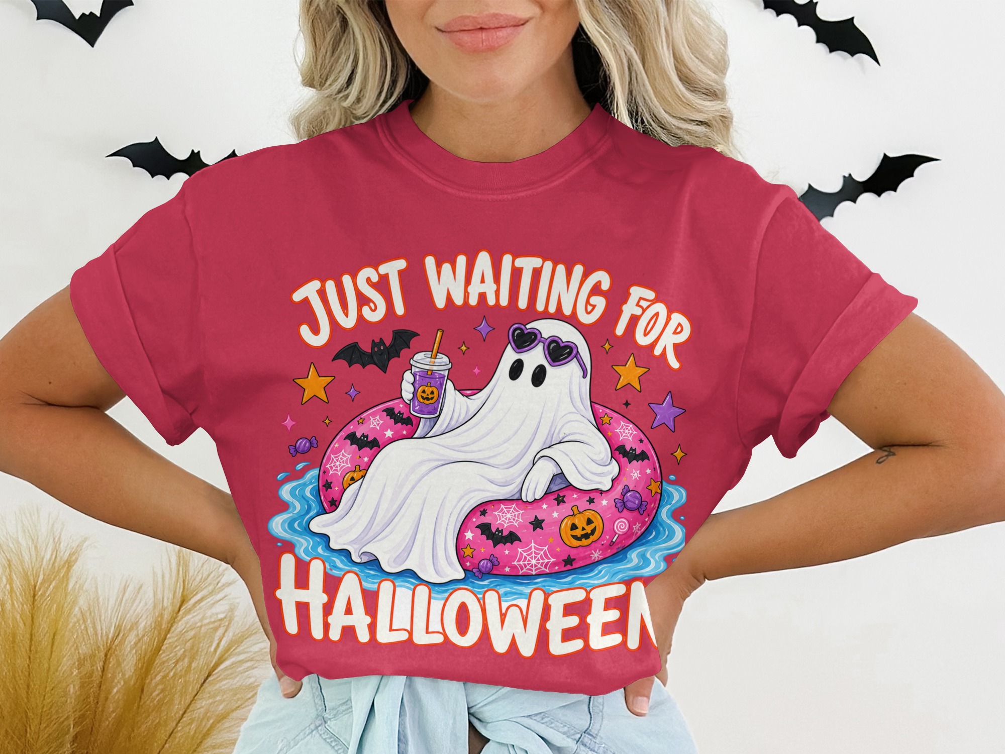 Cute Ghost T-Shirt | Just Waiting For Halloween Pool Float Shirt | Spooky Season Tee | Funny Ghost with Sunglasses | Fall Apparel - Image 5