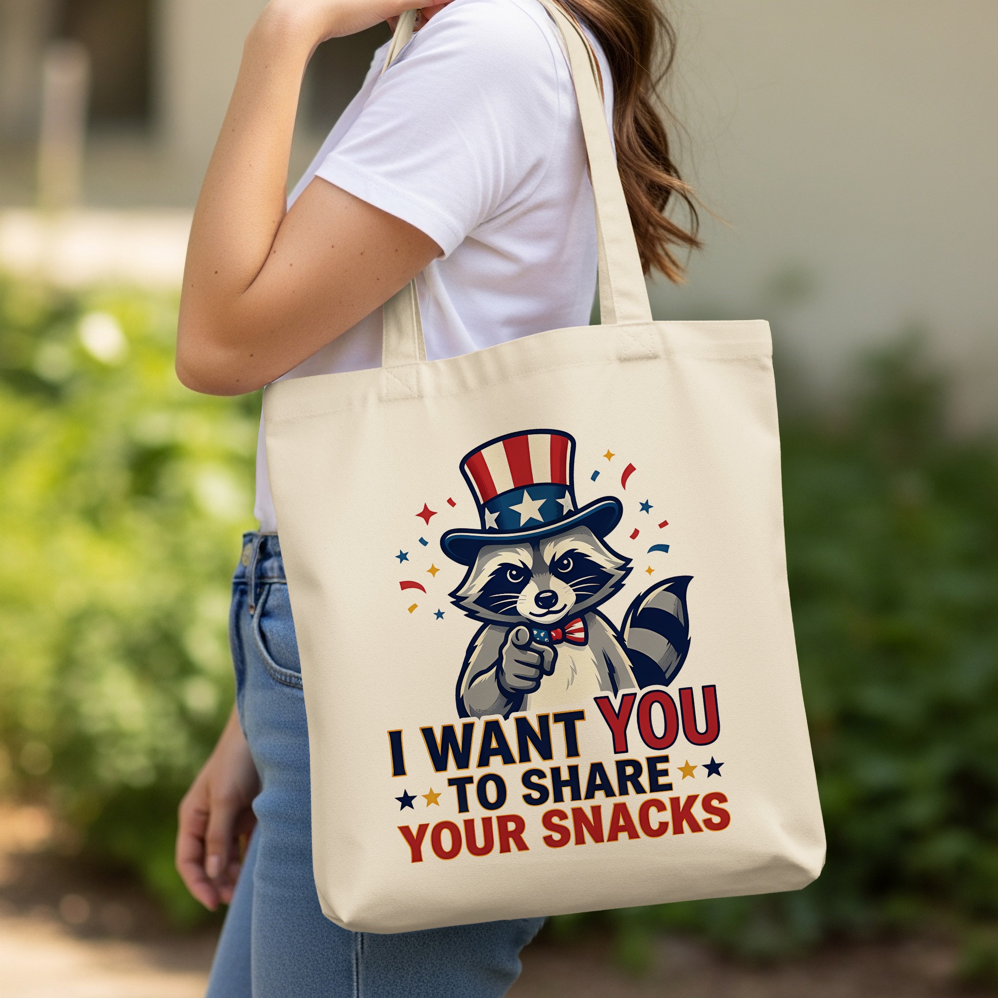 Funny Raccoon Tote Bag, I Want You To Share Snacks, Quirky Uncle Sam Animal Canvas Shopper Carryall Gift - Image 11