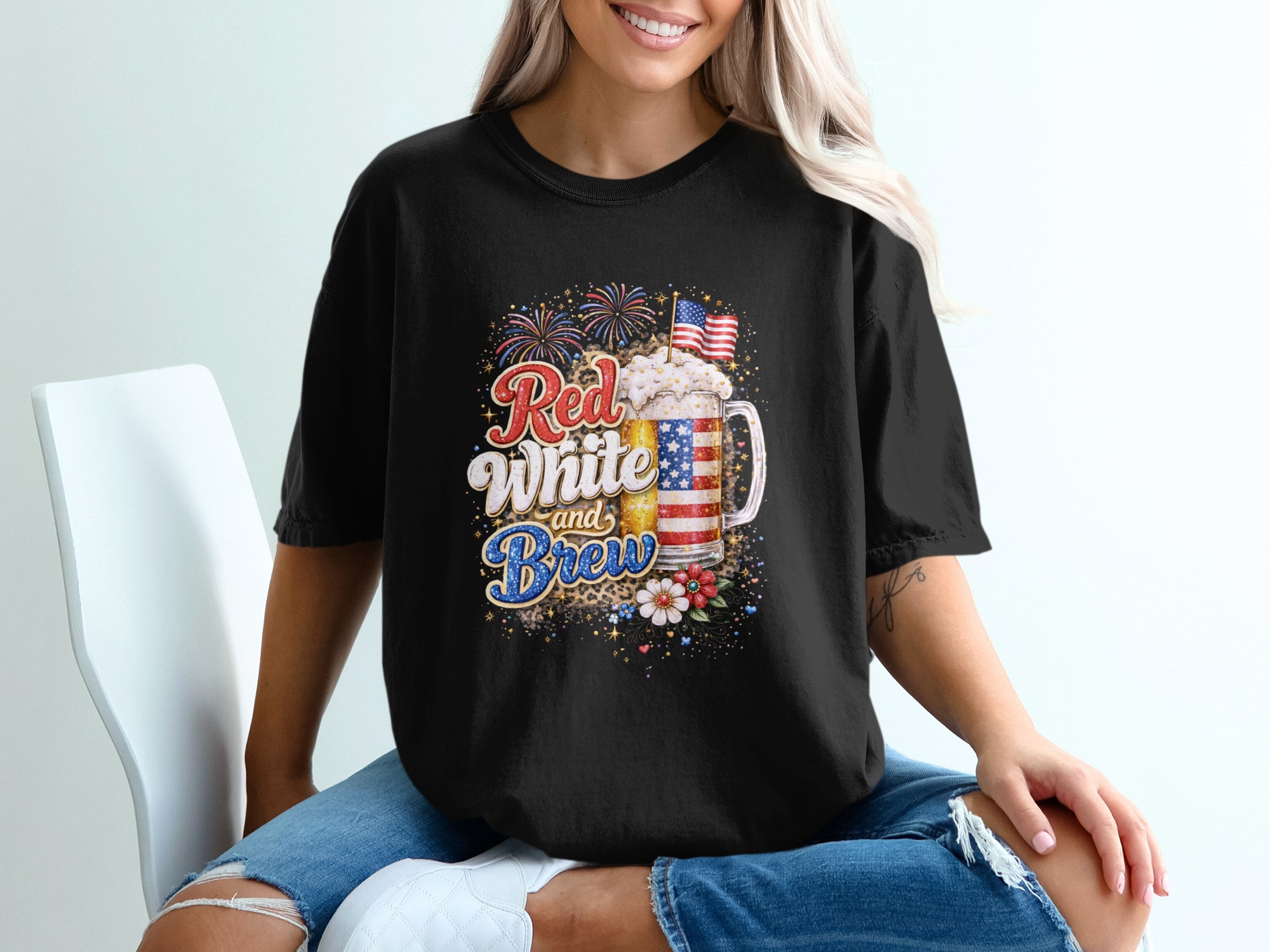 Red White and Brew T-Shirt, Comfort Colors ® USA Flag Beer Tee, Patriotic Leopard Print, Fourth of July Party Top, Summer Celebration Gift - Image 2