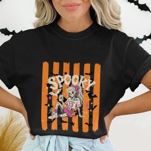 Spooky Skeleton Halloween T-Shirt, Y2K Grunge Aesthetic Bat Print Fall Tee, Orange Stripe Retro Crewneck Shirt Gift