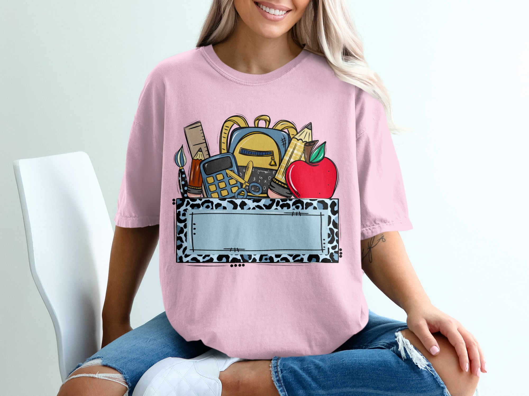 Custom Teacher T-Shirt, Personalized School Supplies Tee with Blue Leopard Print, Back to School Educator Gift, Made to Order Mascot Name - Image 17