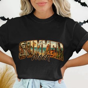 Summerween T-Shirt, Spooky Beach Halloween Skeleton Vacation Top, Funny Pumpkin Ocean Goth Tee, Unique Seasonal Mashup Graphic Gift