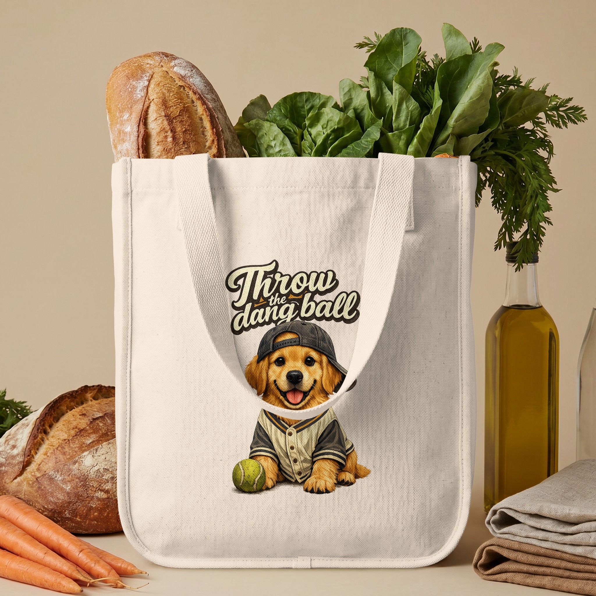 Golden Retriever Tote Bag, Funny Dog Baseball Cap Puppy Canvas Shopper Bag, 'Throw the Dang Ball' Pet Lover Gift - Image 6