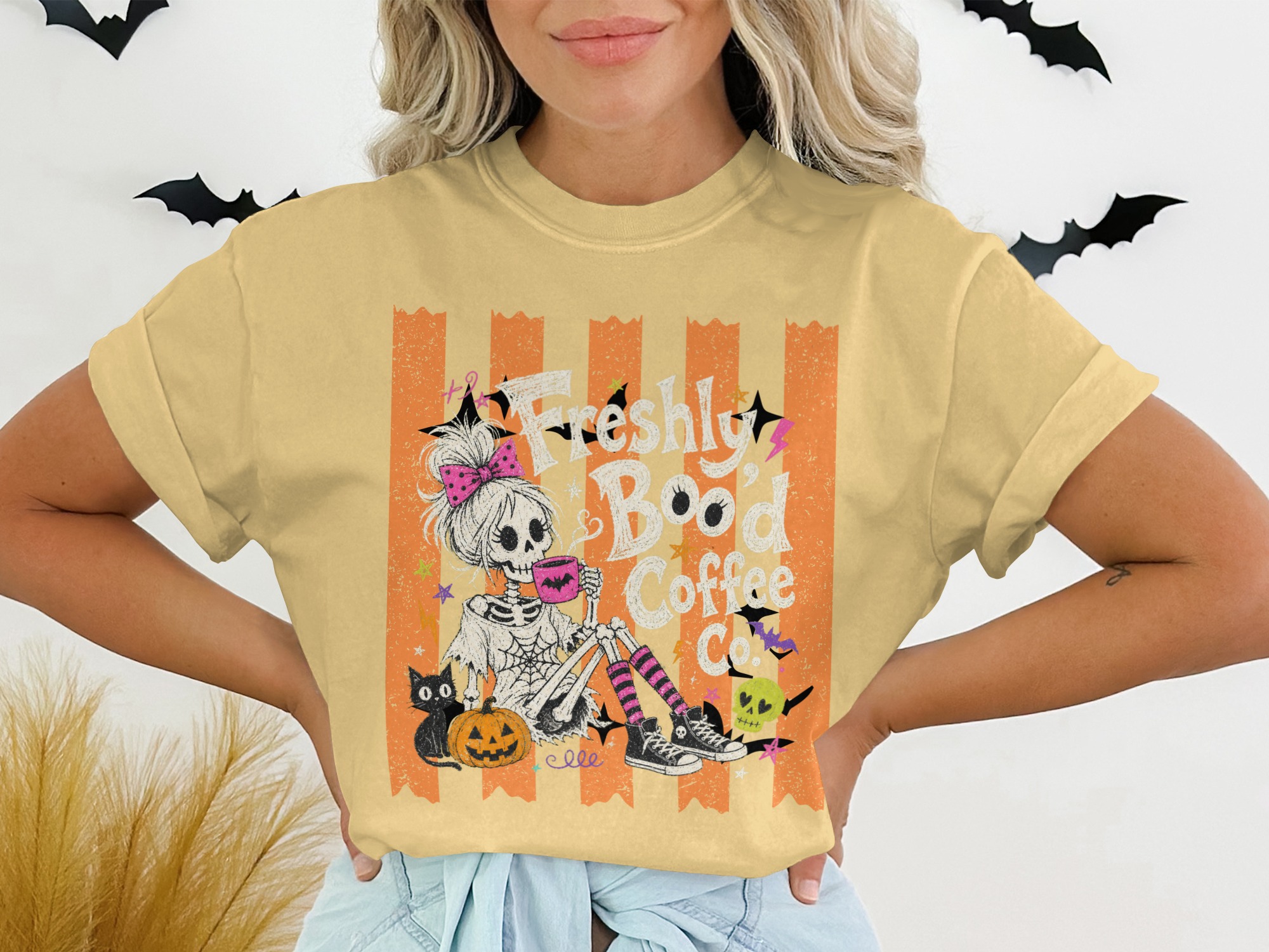 Freshly Brewed Coffee Skeleton T-Shirt, Spooky Season Tee, Halloween Coffee Lover Shirt, Cute Goth Skull Top - Image 4