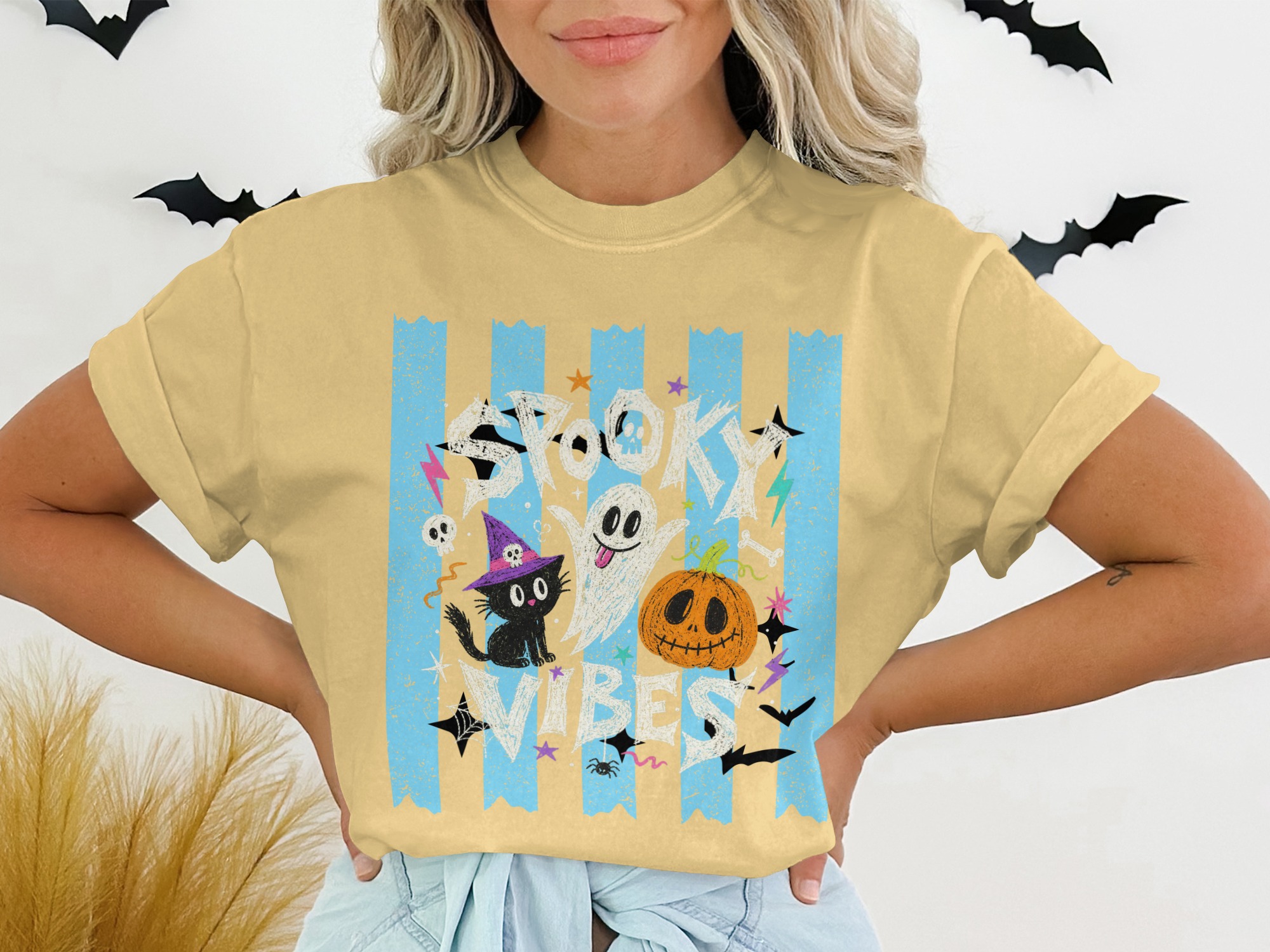 Spooky Vibes Halloween Graphic Tee | Cute Ghost Witchy Cat Jack O Lantern Fall Season Women's Trendy Funny Spooky T-Shirt Gift - Image 13