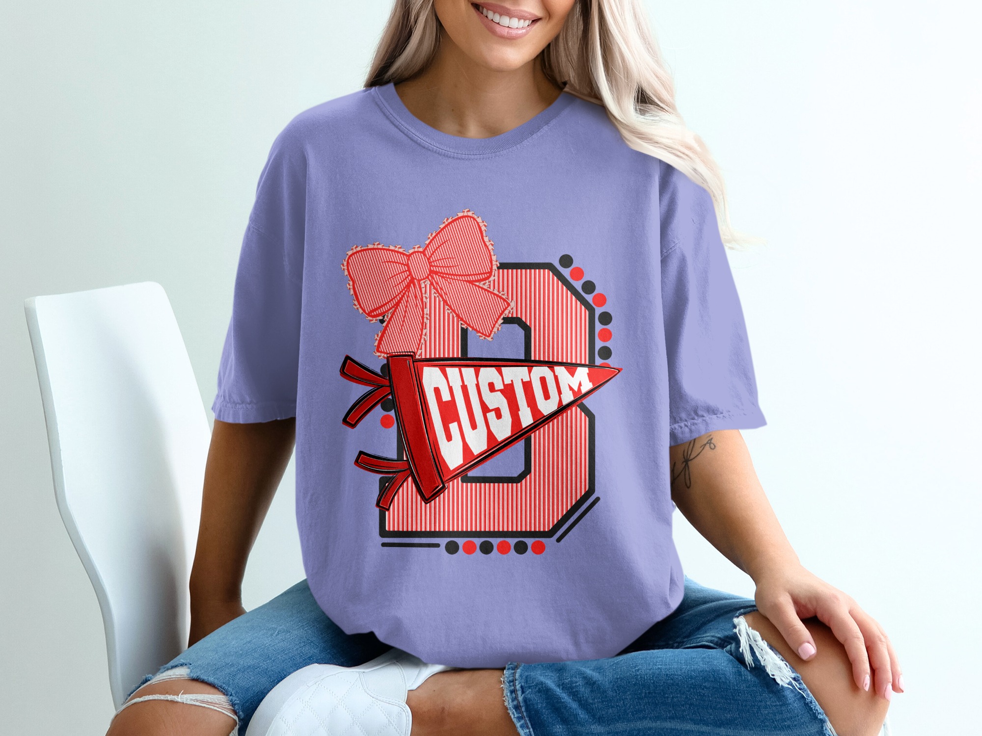 Custom Initial T-Shirt with Bow, Personalized Varsity Style Pennant Design, School Spirit College Team Mascot Letter Tee - Image 18