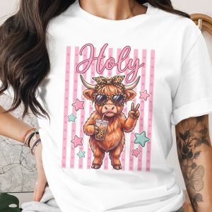 Holy Cow T-Shirt, Highland Cow Tee with Sunglasses & Iced Coffee, Cute Leopard Print Cow Shirt, Trendy Animal Lover Gift