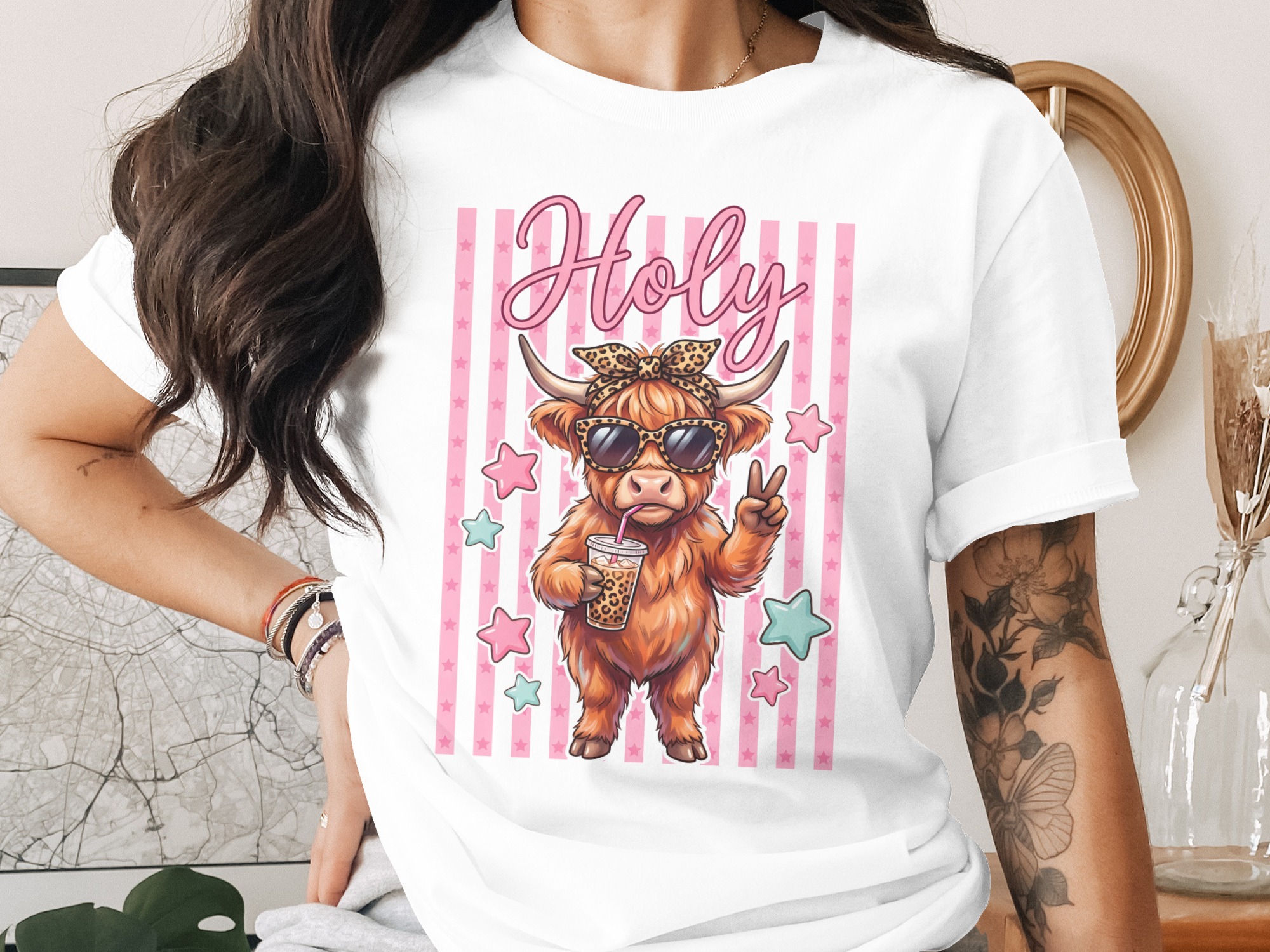 Holy Cow T-Shirt, Highland Cow Tee with Sunglasses & Iced Coffee, Cute Leopard Print Cow Shirt, Trendy Animal Lover Gift