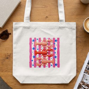 Lobster Tote Bag | Cute Pink Coastal Beach Summer Bag | Artistic Ocean Market Carryall with Star & Stripe Print