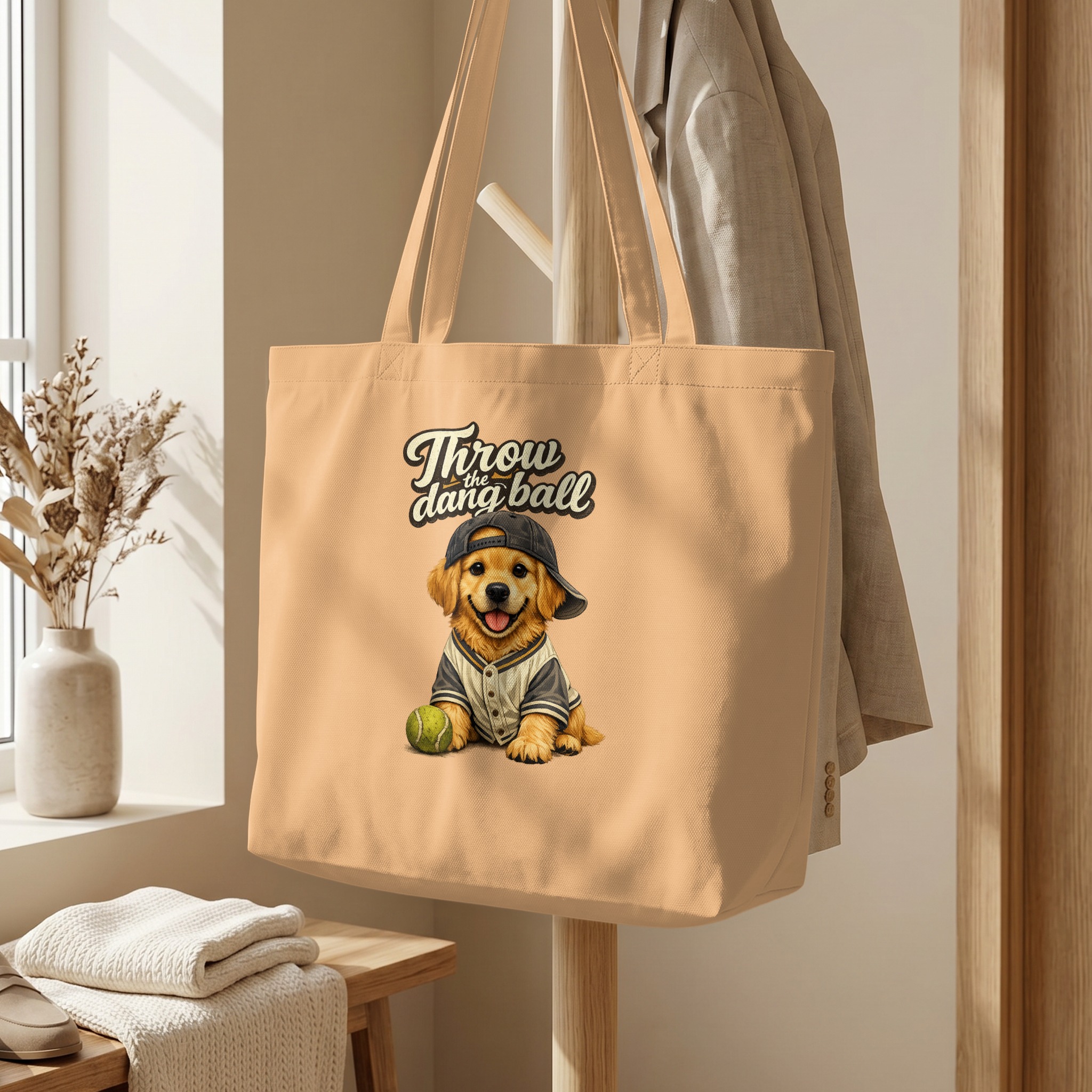 Golden Retriever Tote Bag, Funny Dog Baseball Cap Puppy Canvas Shopper Bag, 'Throw the Dang Ball' Pet Lover Gift - Image 5