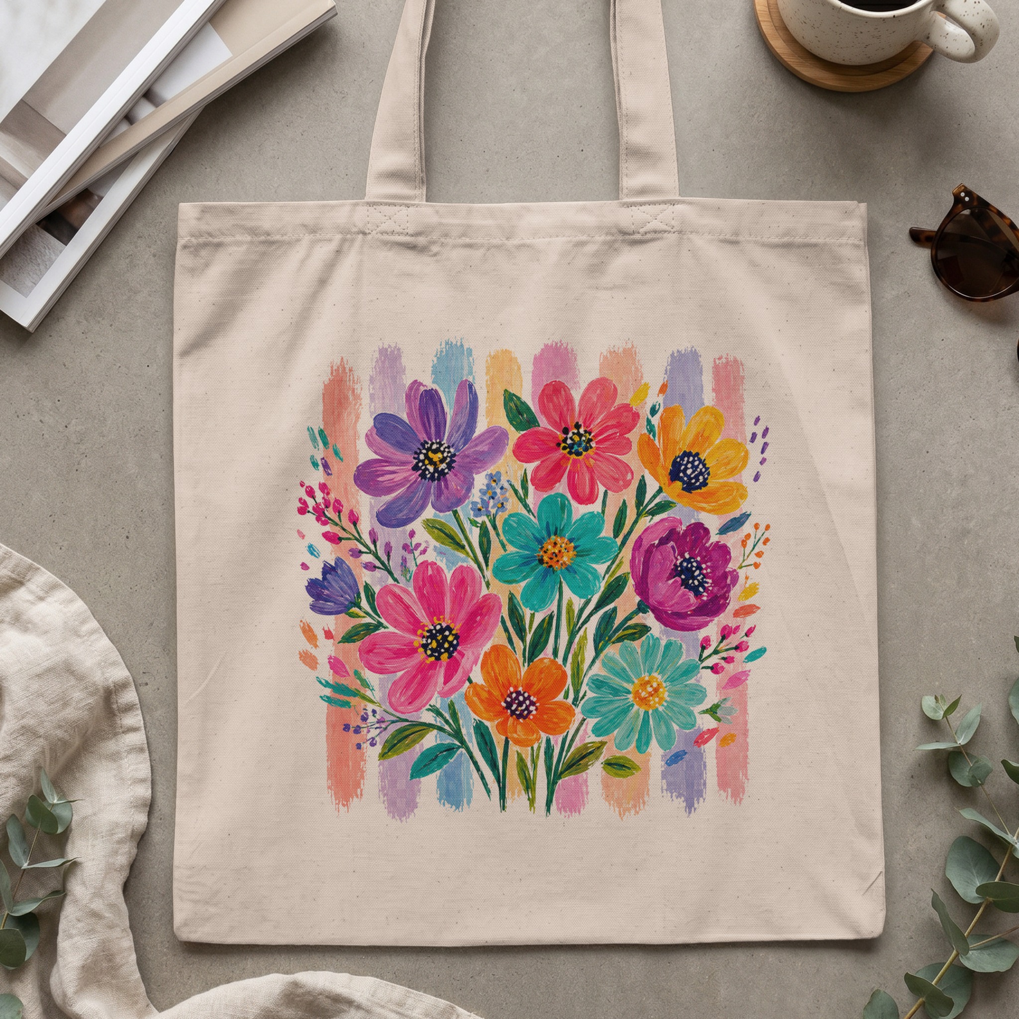 Vibrant Floral Tote Bag, Watercolor Boho Flower Market Shoulder Bag, Colorful Bloom Art Print Gift for Her, Everyday Chic Bag - Image 2