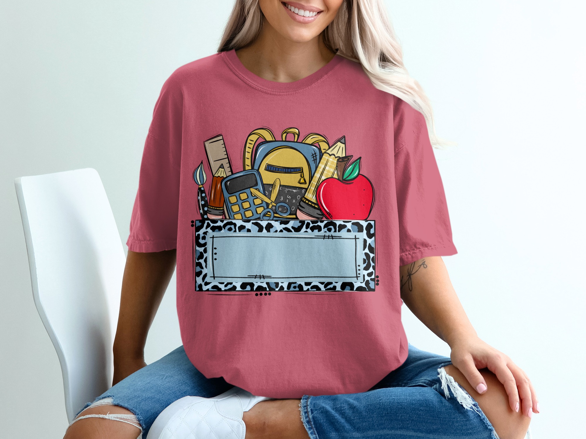 Custom Teacher T-Shirt, Personalized School Supplies Tee with Blue Leopard Print, Back to School Educator Gift, Made to Order Mascot Name - Image 15