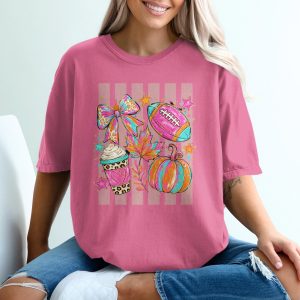 Fun Autumn Football T-Shirt, Cute Fall Gameday Shirt, Pumpkin Spice Latte Vibes, Leopard Bow & Pink Football Tee for Her