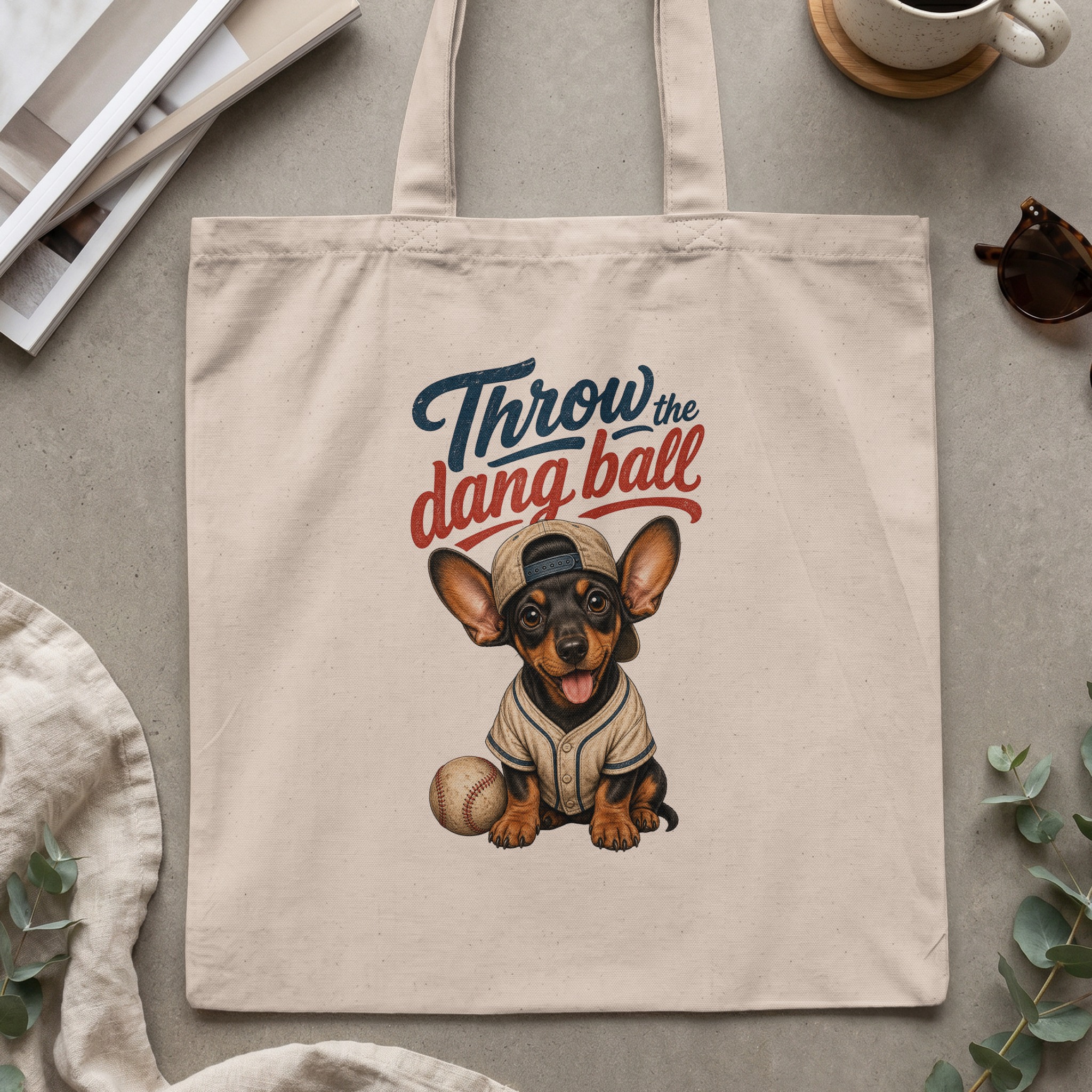 Cute Dachshund Baseball Dog Tote Bag | 'Throw The Dang Ball' Pet Lover Gift | Funny Sports Fan Canvas Book Bag - Image 2