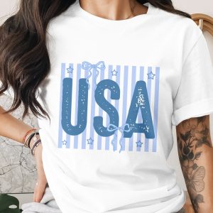 USA Patriotic T-Shirt, Distressed America Fourth of July Outfit with Cute Ribbon Bow Print, Americana Style Holiday Tee