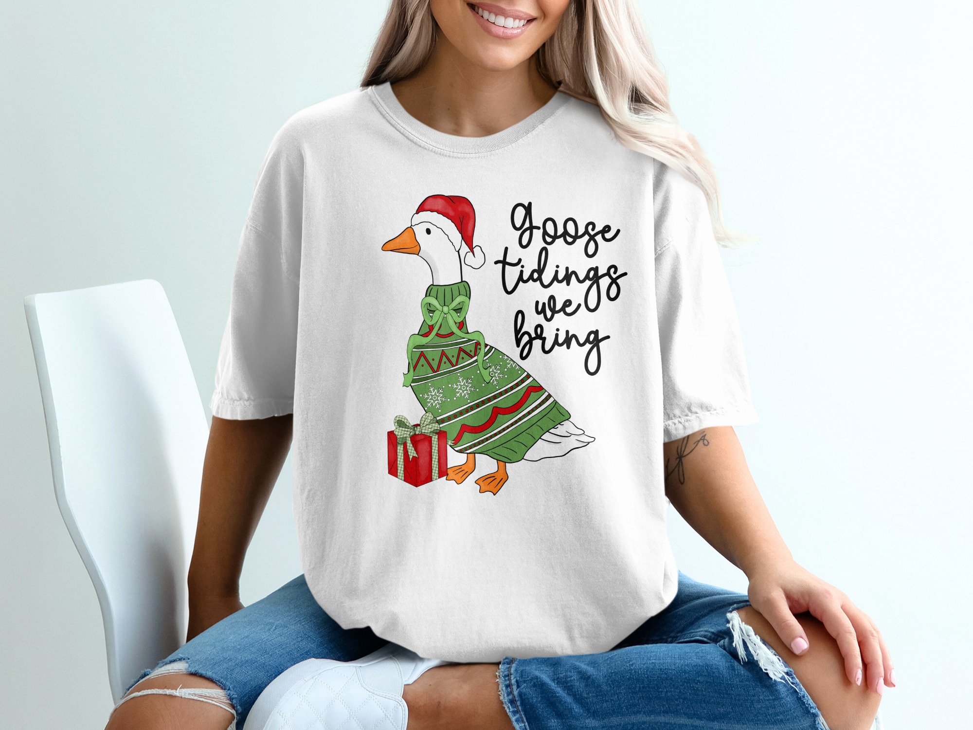 Goose Tidings We Bring Funny Christmas Goose Shirt, Holiday Lover Gift T-Shirt, Cute Animal Xmas Tee, Festive Duck Crewneck - Image 5