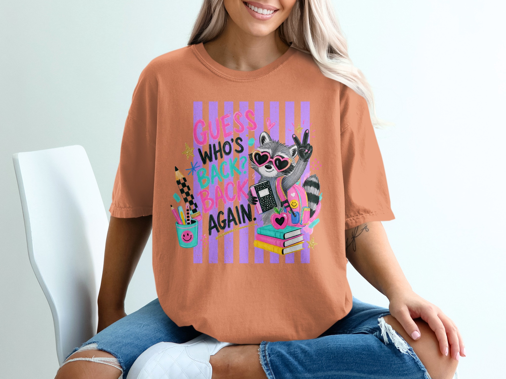 Back To School Raccoon T-Shirt, Guess Who's Back Again Teacher Shirt, First Day Of School Student Tee, Cute Animal Graphic Top - Image 4
