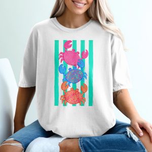 Vibrant Stacked Crabs T-Shirt, Colorful Beach Tee, Ocean Lover Summer Vacation Shirt, Nautical Coastal Gift for Her