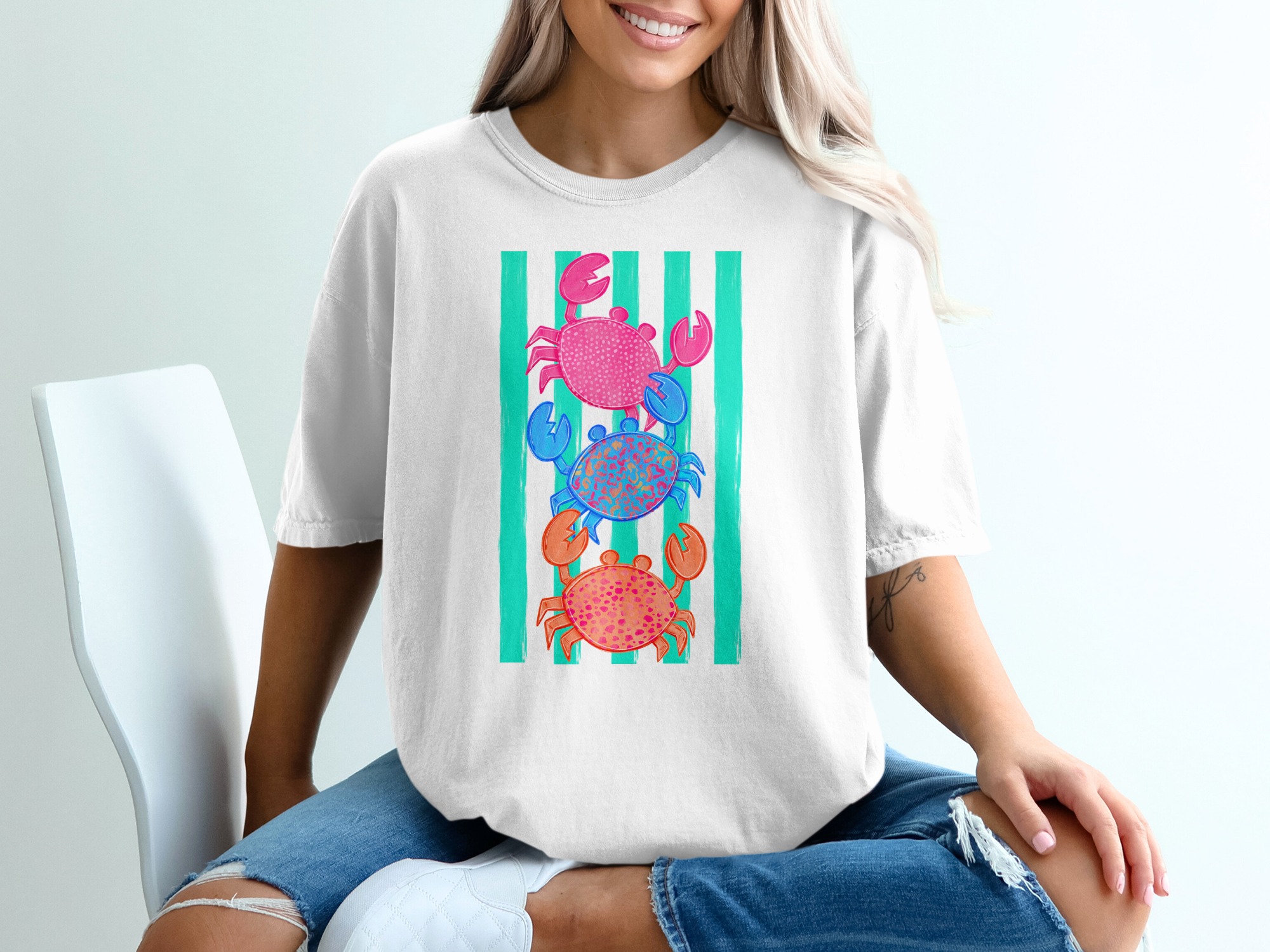 Vibrant Stacked Crabs T-Shirt, Colorful Beach Tee, Ocean Lover Summer Vacation Shirt, Nautical Coastal Gift for Her