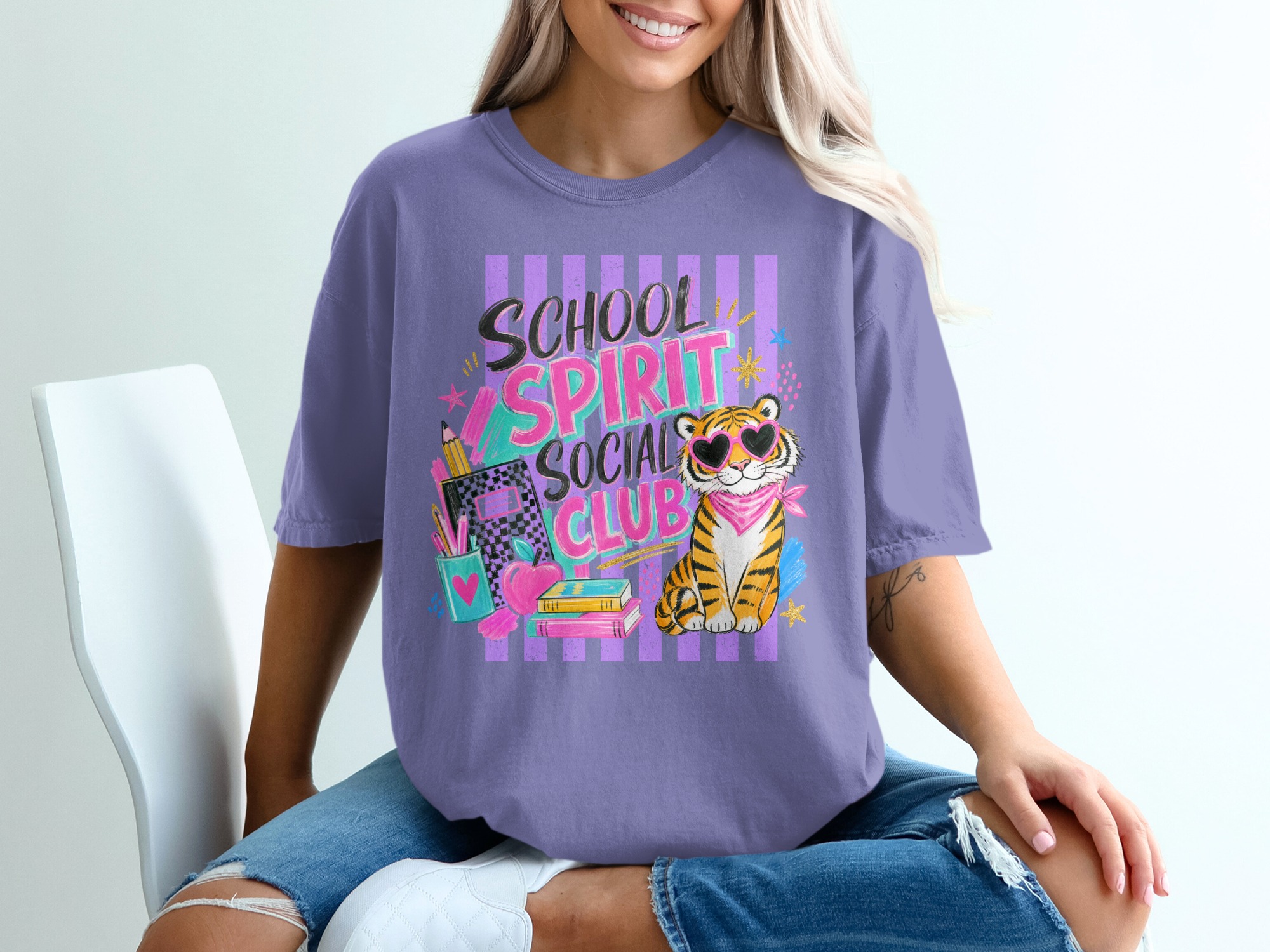 School Spirit Social Club T-Shirt, Retro Tiger Sunglasses Tee, 90s Style Back To School Shirt, Teacher Student Gift - Image 3