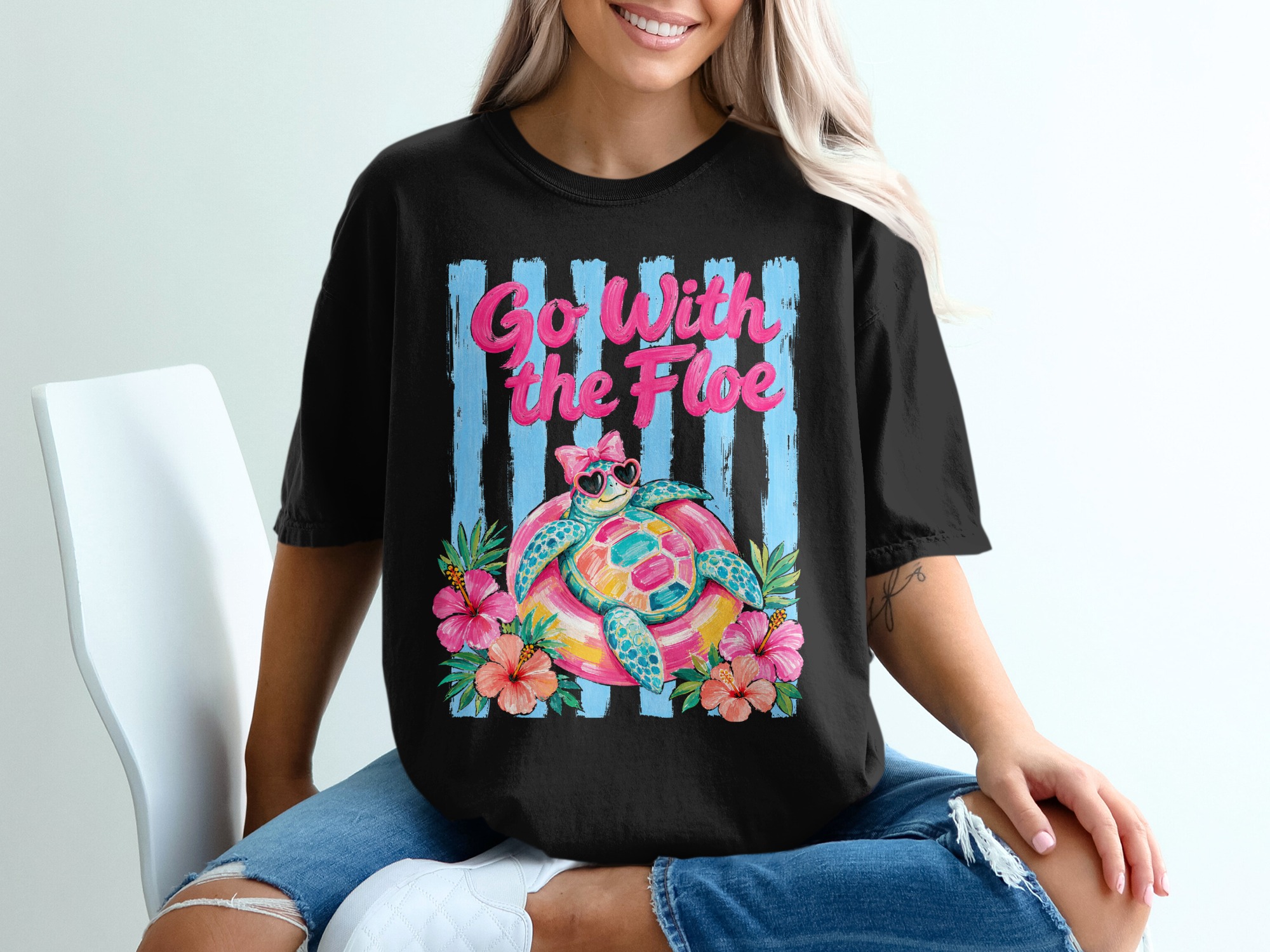 Go With The Floe Cute Sea Turtle T-Shirt, Fun Summer Beach Vacation Tee, Colorful Preppy Ocean Vibe Heart Sunglasses Animal Lover Apparel - Image 2