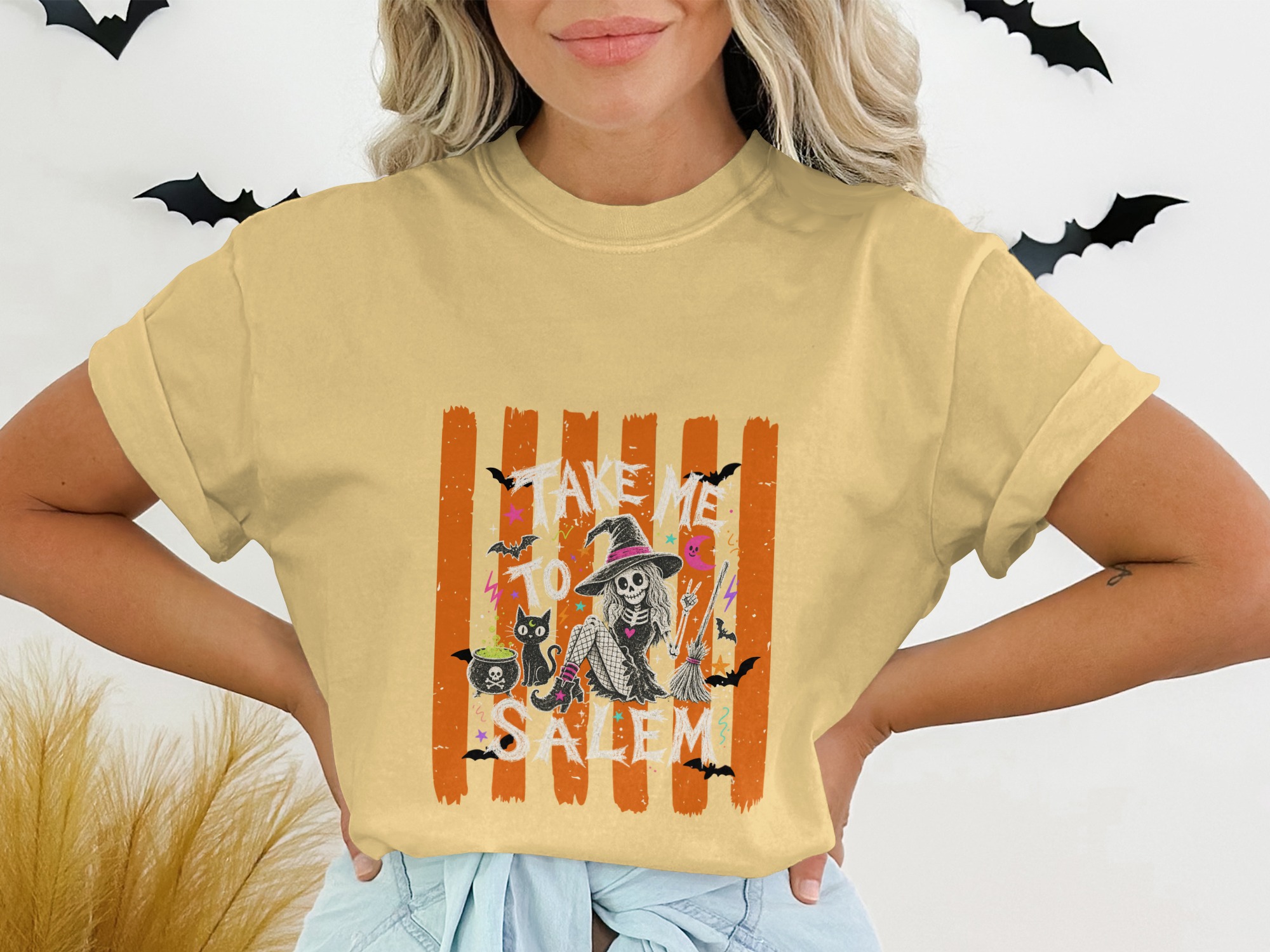 Take Me To Salem Skeleton Witch T-Shirt, Spooky Halloween Cat Tee, Distressed Orange Striped Witchy Vibes Top, October Fall Gift for Her - Image 13