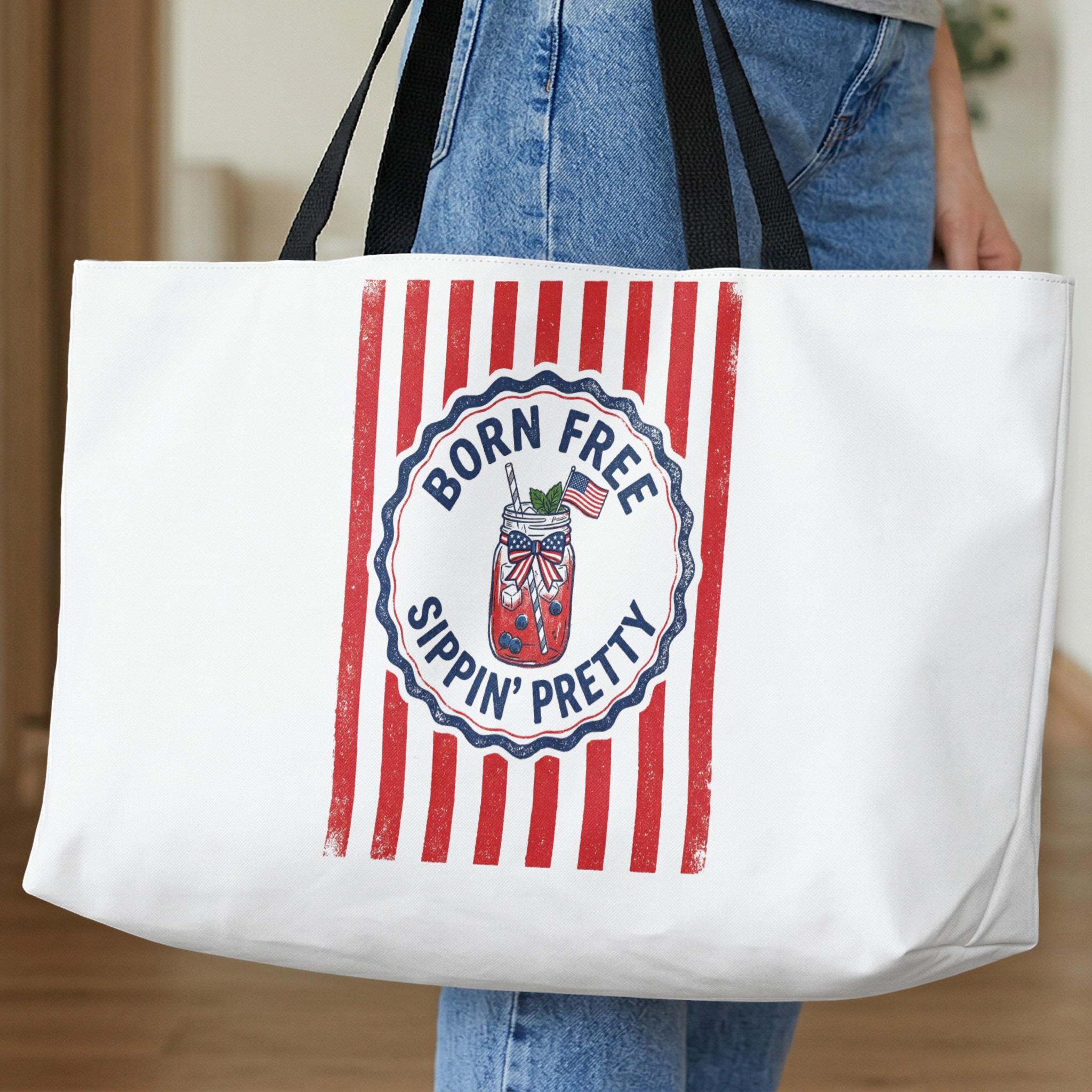 Born Free Sippin' Pretty Patriotic Tote Bag | Vintage Americana Summer Beach Bag | 4th of July Gift for Her - Image 10