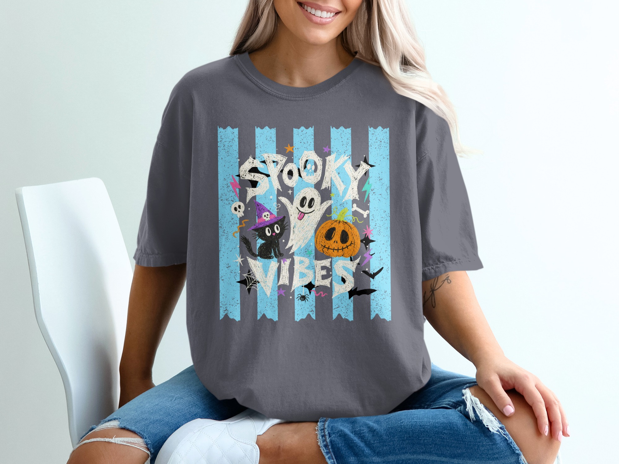 Spooky Vibes Halloween Graphic Tee | Cute Ghost Witchy Cat Jack O Lantern Fall Season Women's Trendy Funny Spooky T-Shirt Gift - Image 4