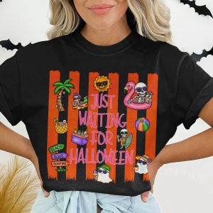 Just Waiting For Halloween Beach Vacation T-Shirt, Spooky Season Summer Vibes Shirt, Cute Skeleton Ghost Tee