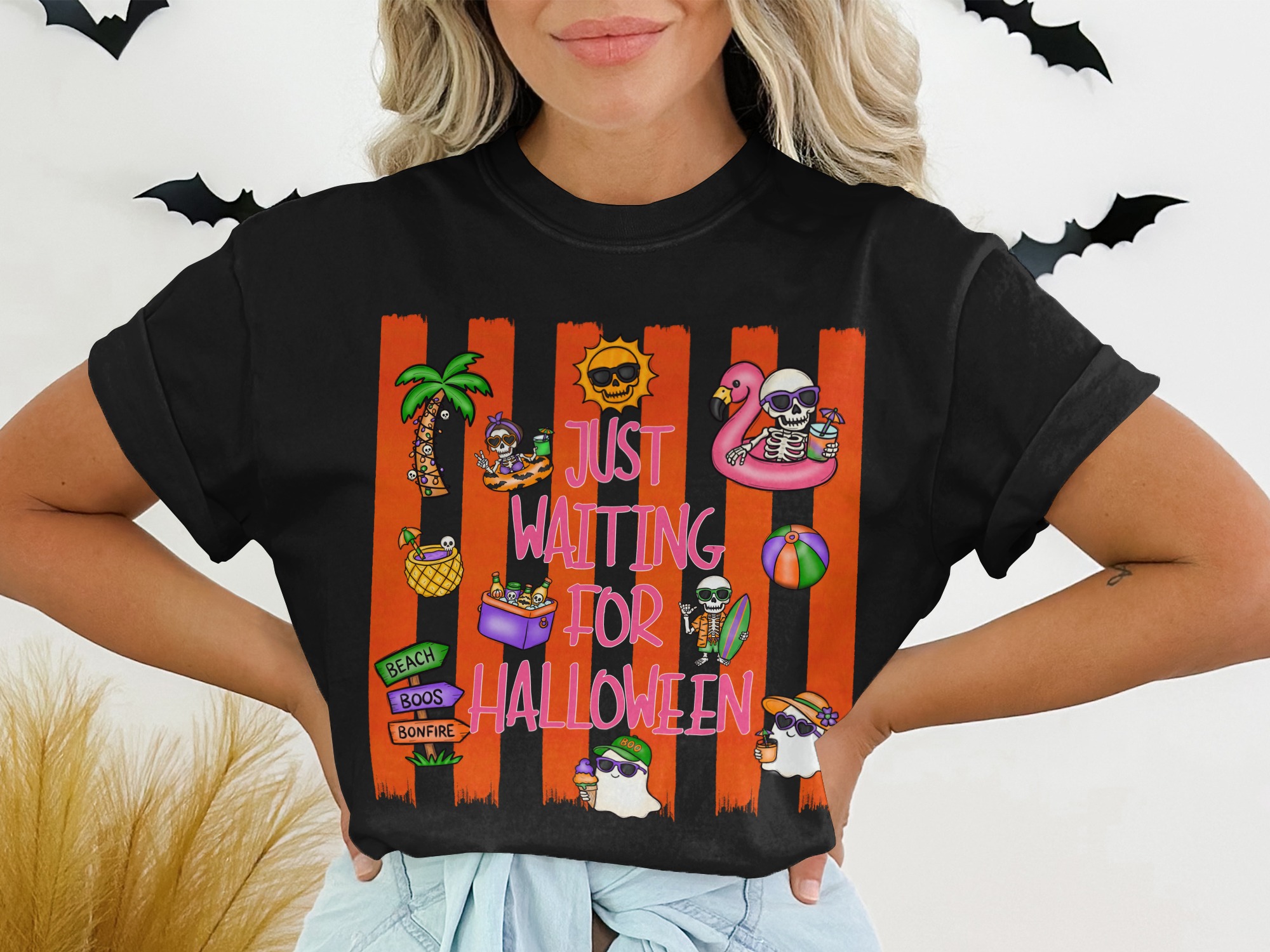 Just Waiting For Halloween Beach Vacation T-Shirt, Spooky Season Summer Vibes Shirt, Cute Skeleton Ghost Tee