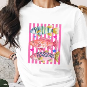 Vibrant Watercolor Fish T-Shirt, Comfort Colors ®, Tropical Ocean Life Tee, Pink Stripe Background, Summer Beach Vacation Gift for Her