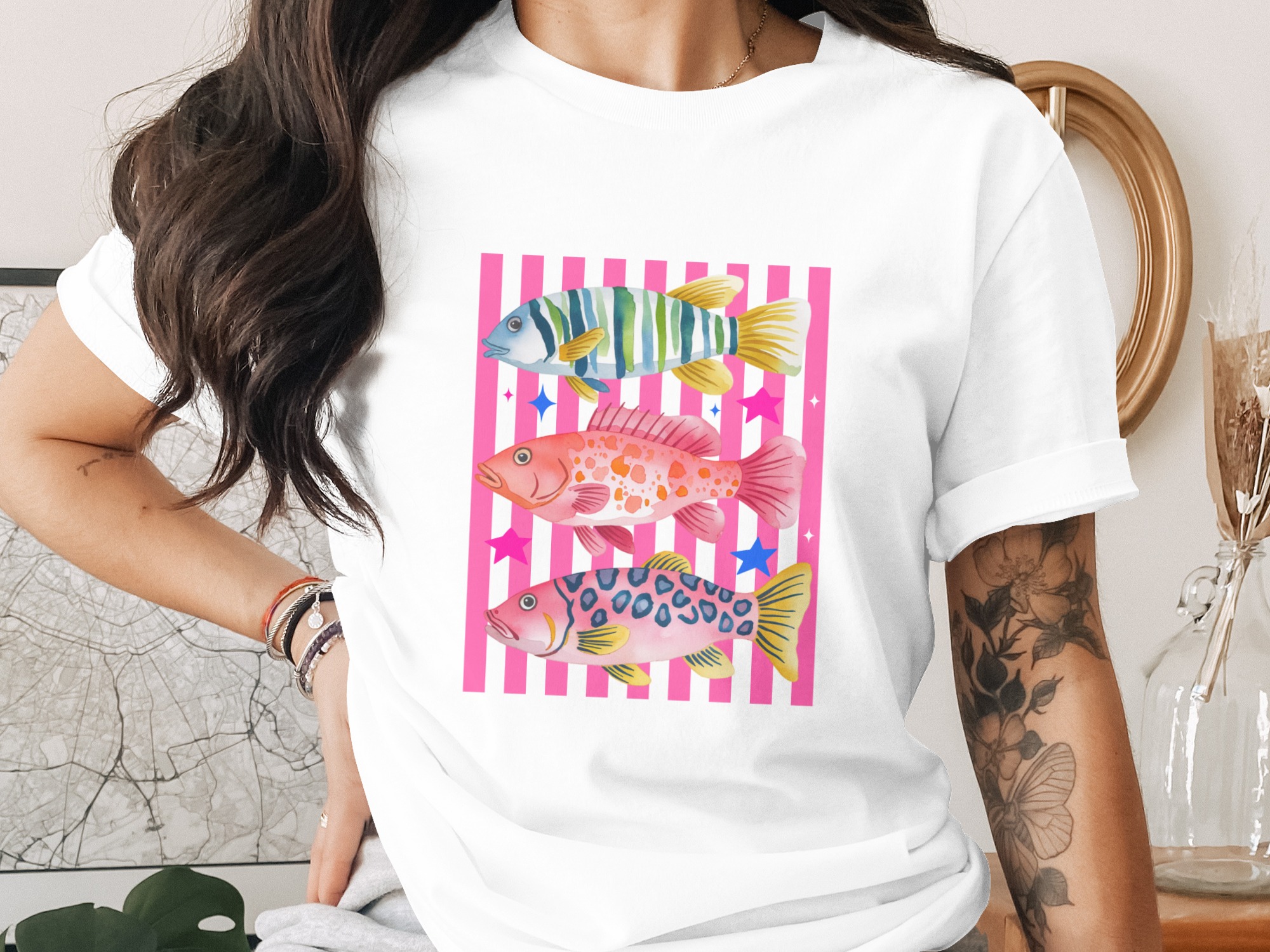Vibrant Watercolor Fish T-Shirt, Comfort Colors ®, Tropical Ocean Life Tee, Pink Stripe Background, Summer Beach Vacation Gift for Her