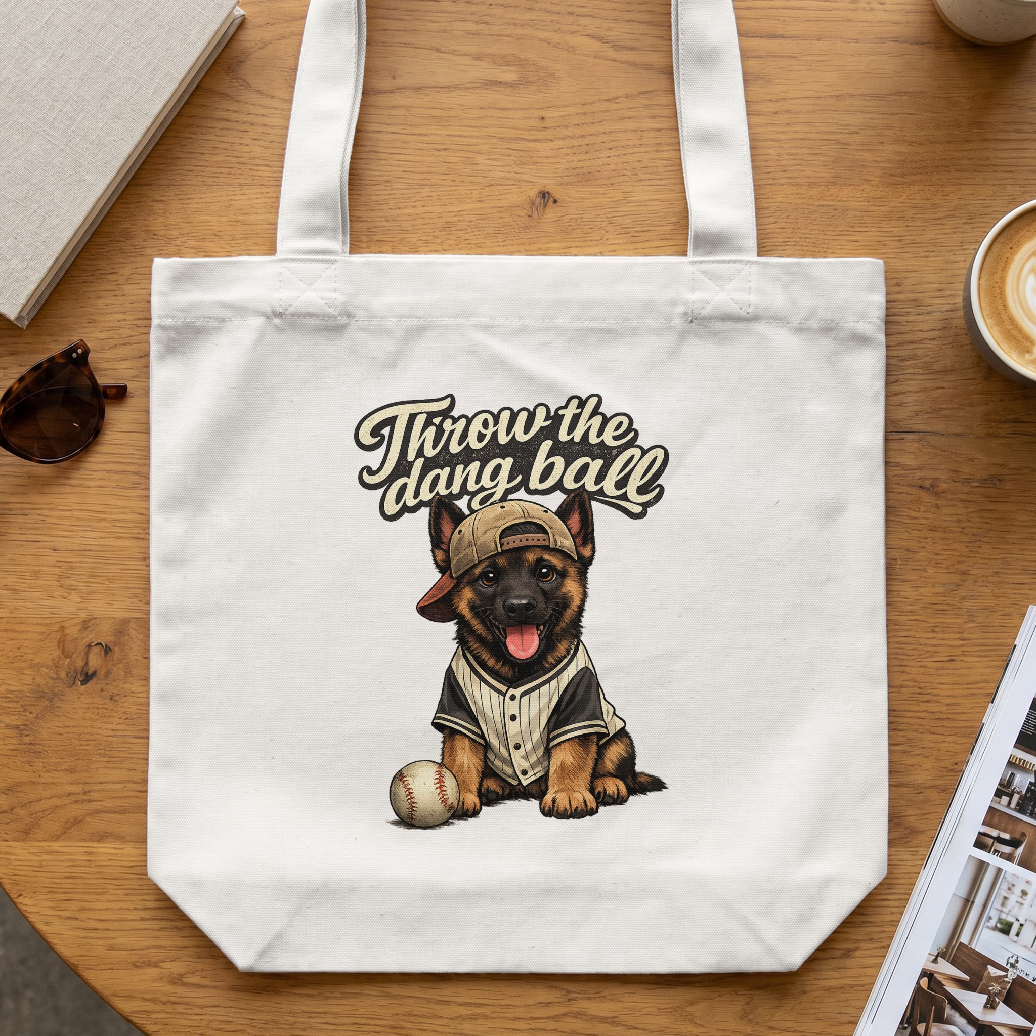 Throw the Dang Ball German Shepherd Tote Bag, Funny Baseball Dog Lover Gift for Dog Mom Dad, Cute Puppy Graphic Animal Canvas Shopper