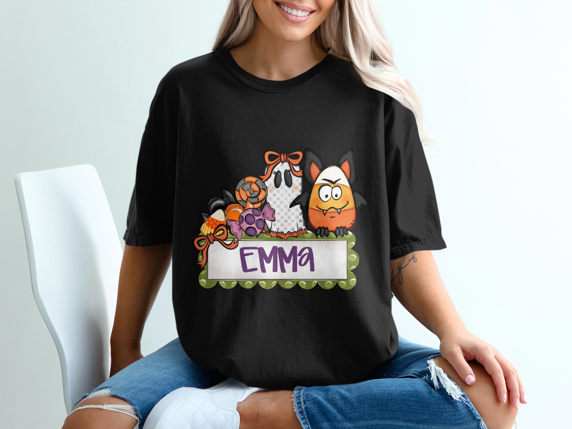 Personalized Halloween T-Shirt, Cute Spooky Ghost & Candy Corn Bat Fall Kids Name Shirt, Custom Trick or Treat Birthday Gift Idea - Image 6