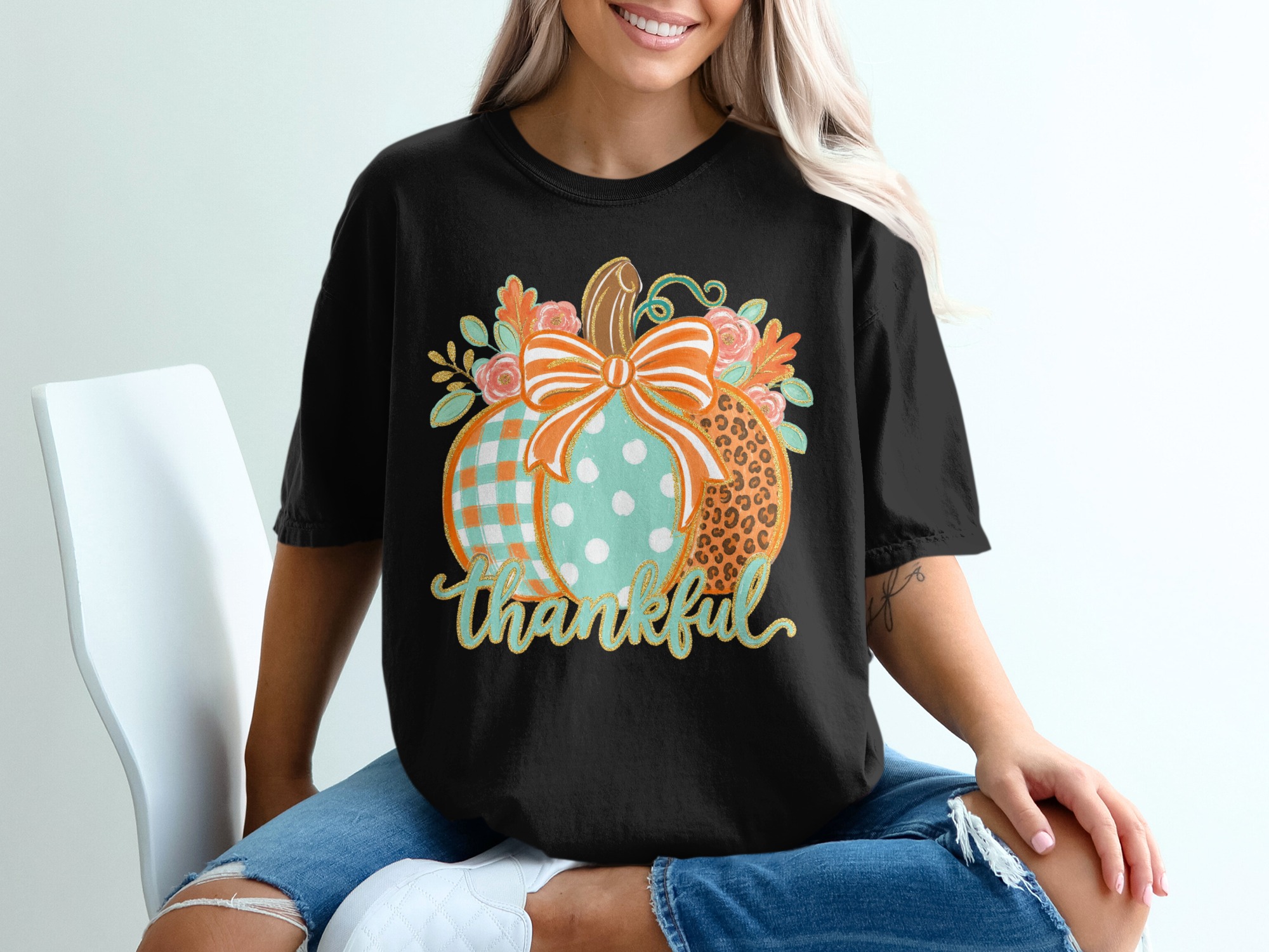 Comfort Colors ® Thankful Pumpkin T-Shirt, Cute Fall Thanksgiving Shirt for Her, Gingham Polka Dot Leopard Print Autumn Tee, Harvest Season - Image 4