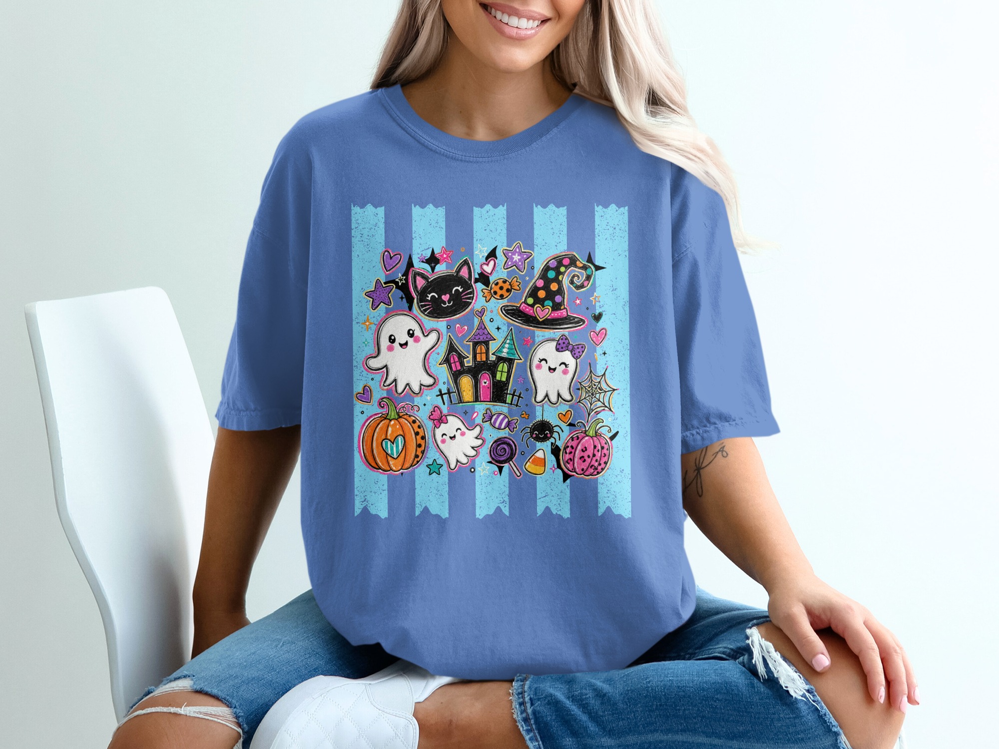 Cute Halloween Spooky Ghost T-Shirt, Kawaii Black Cat Witch Hat Pumpkin Tee, Whimsical Trick or Treat Kids & Adult Gift - Image 9