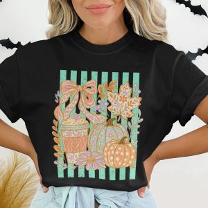 Cozy Fall T-Shirt | Whimsical Pumpkin Spice Latte & Autumn Leaves Tee | Cute Cottagecore Fall Lover Gift | Pumpkin Floral Design Shirt