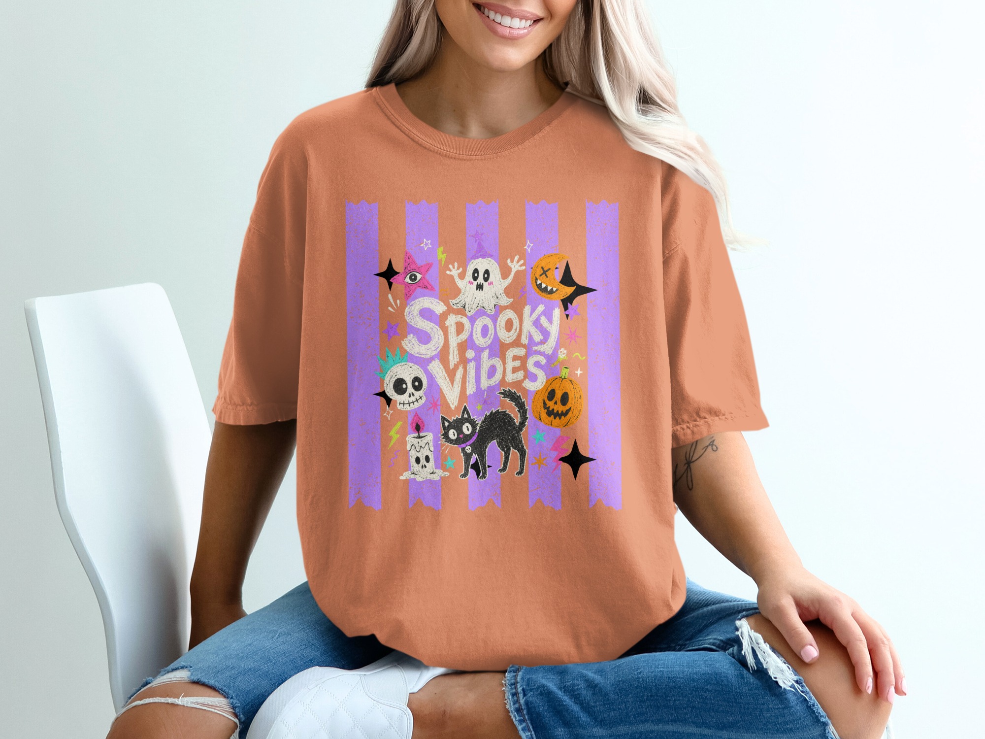 Spooky Vibes T-Shirt, Cute Ghost Black Cat Halloween Shirt, Whimsigoth Pastel Goth Aesthetic Pumpkin Skull T-Shirt, Retro Spooky Season Gift - Image 3