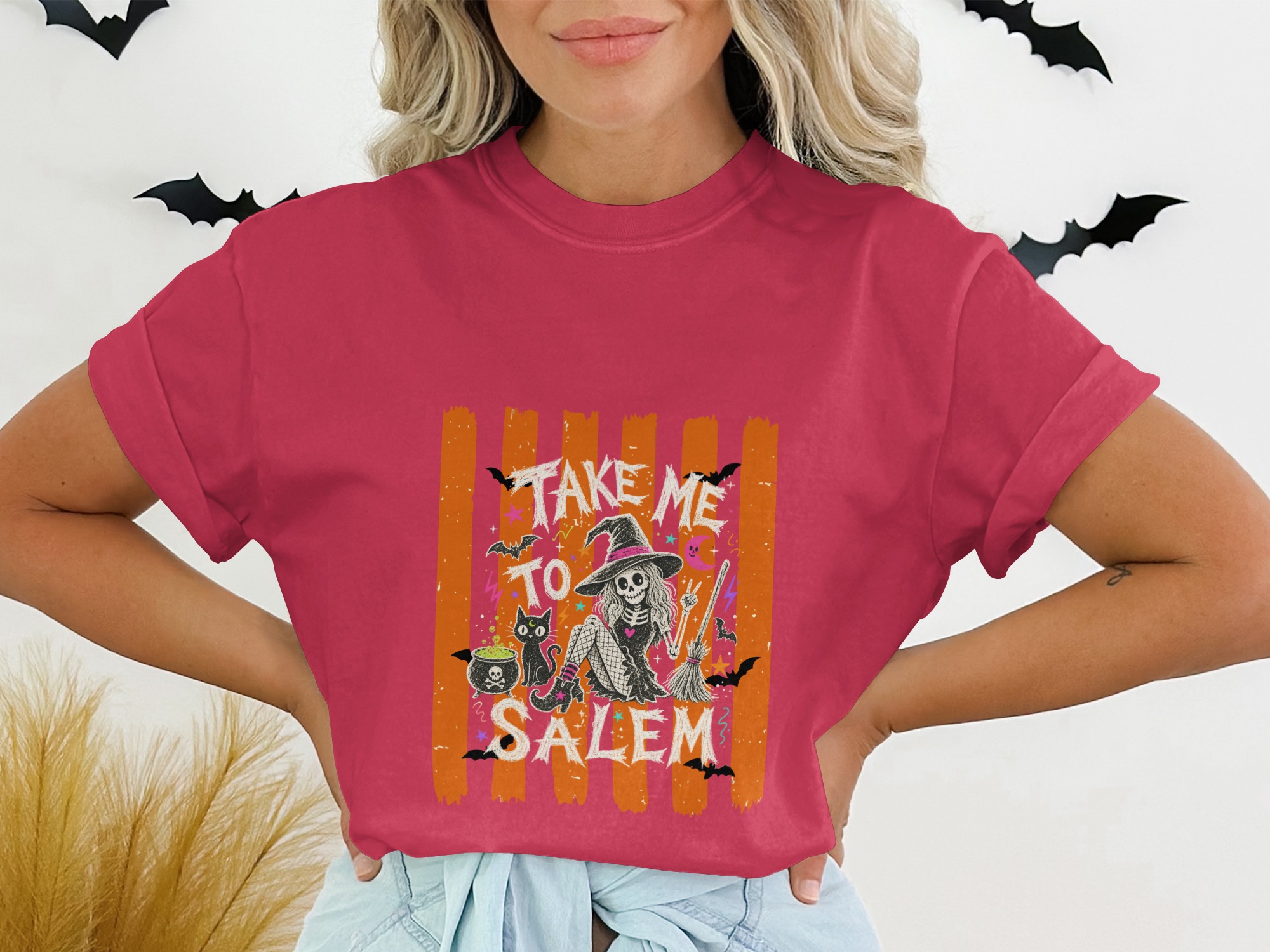 Take Me To Salem Skeleton Witch T-Shirt, Spooky Halloween Cat Tee, Distressed Orange Striped Witchy Vibes Top, October Fall Gift for Her - Image 11