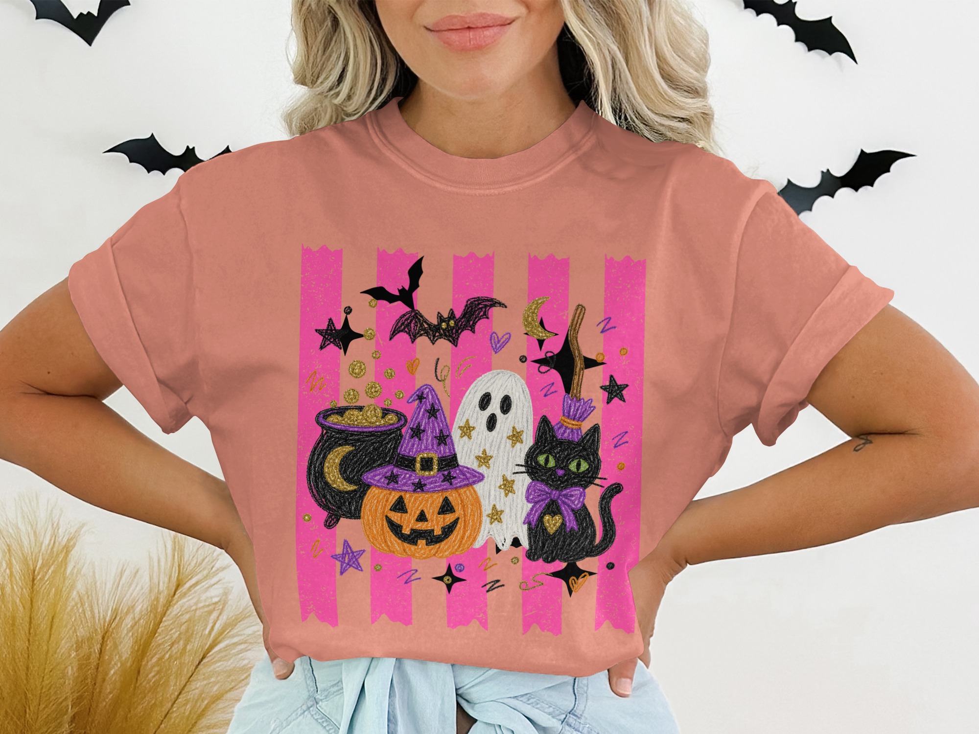 Cute Halloween T-Shirt for Women, Spooky Season Ghoul Gang Shirt, Pink Witchy Pumpkin Ghost Cat Tee, Kawaii Fall Gift Idea - Image 3