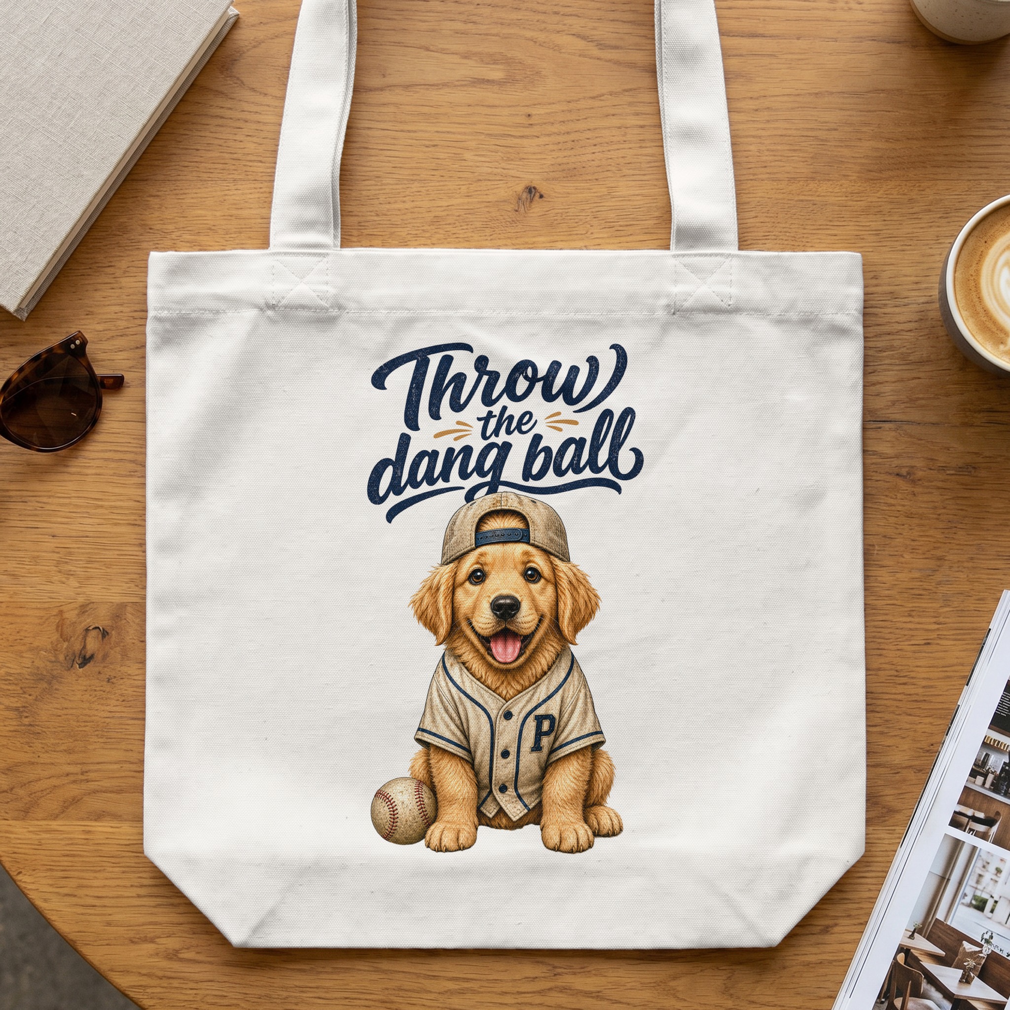 Golden Retriever Tote Bag, Baseball Dog Mom Gift, Throw the Dang Ball Puppy Sports Fan Canvas Carryall, Cute Animal Print