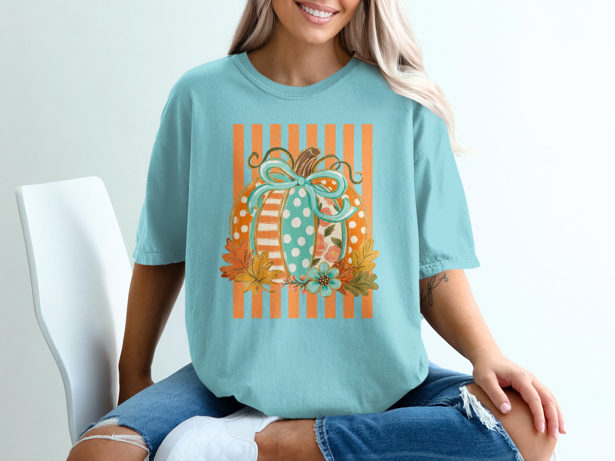 Whimsical Pumpkin T-Shirt, Cute Fall Graphic Tee, Boho Polka Dot Floral Autumn Shirt, Thanksgiving Harvest Top, Cozy Festive Apparel Gift - Image 7