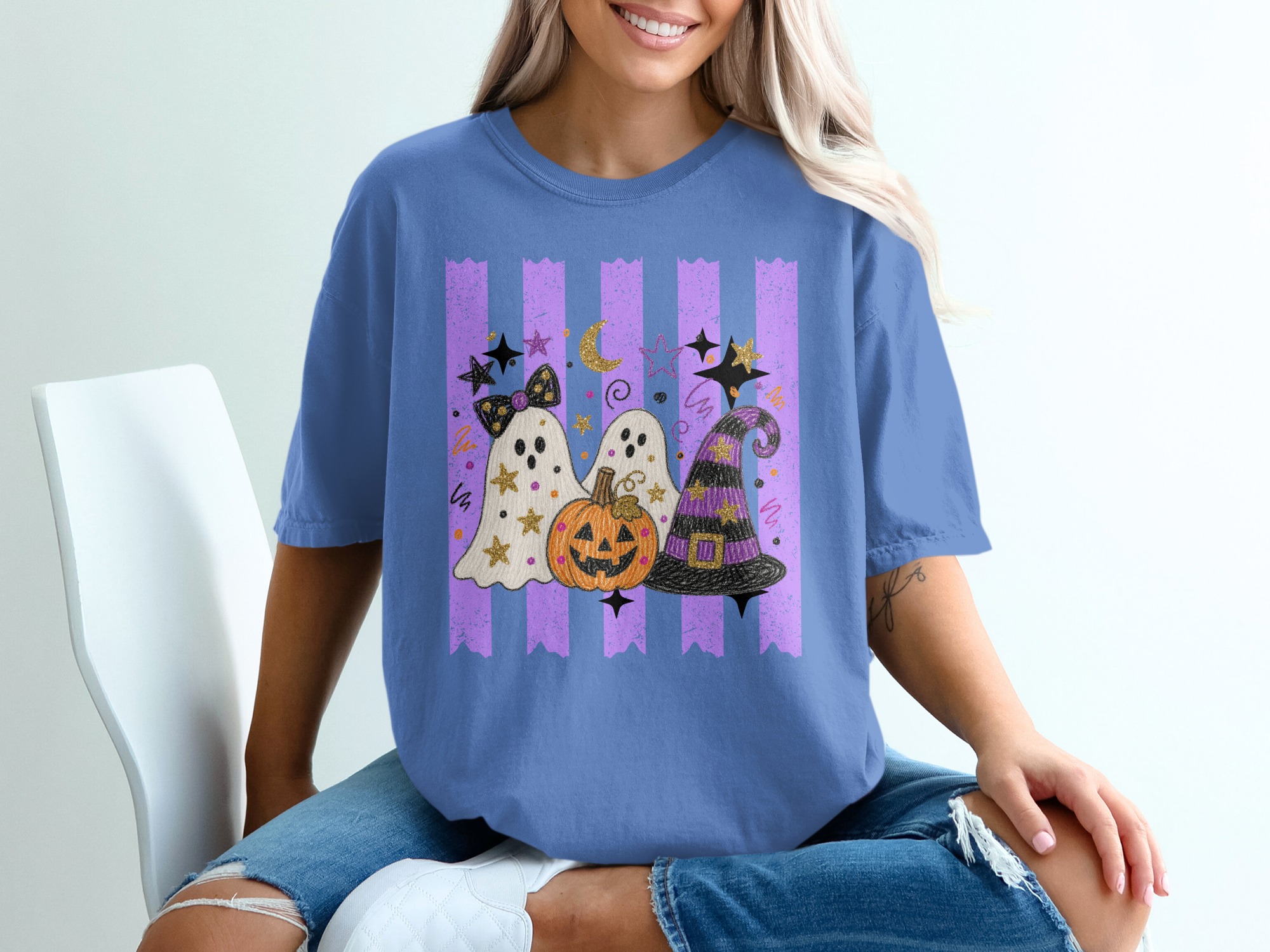 Cute Ghost Halloween T-Shirt, Spooky Pumpkin Witch Hat Graphic Tee, Faux Glitter Fall Festive Women's Purple Stripe Trick or Treat Apparel - Image 9