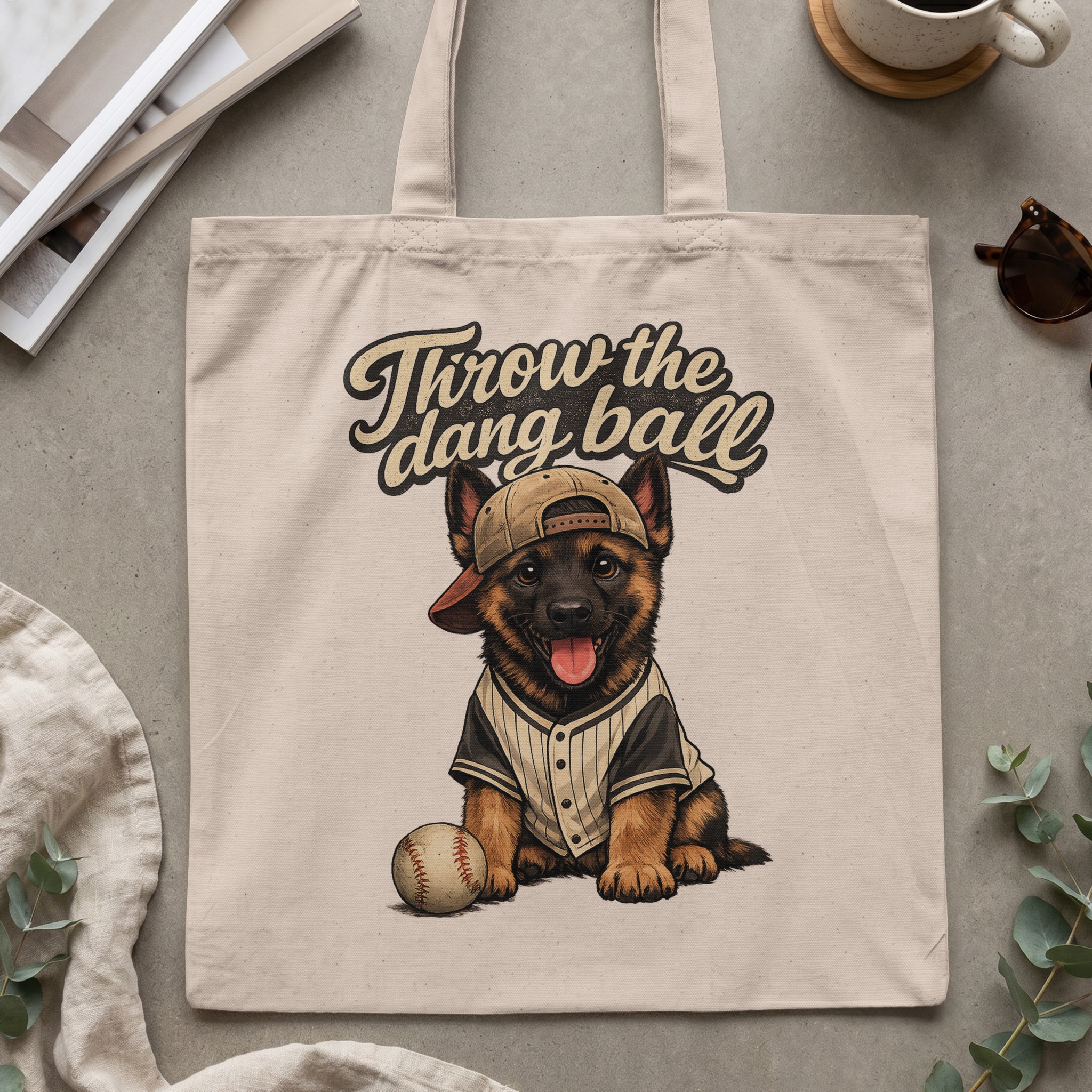 Throw the Dang Ball German Shepherd Tote Bag, Funny Baseball Dog Lover Gift for Dog Mom Dad, Cute Puppy Graphic Animal Canvas Shopper - Image 2
