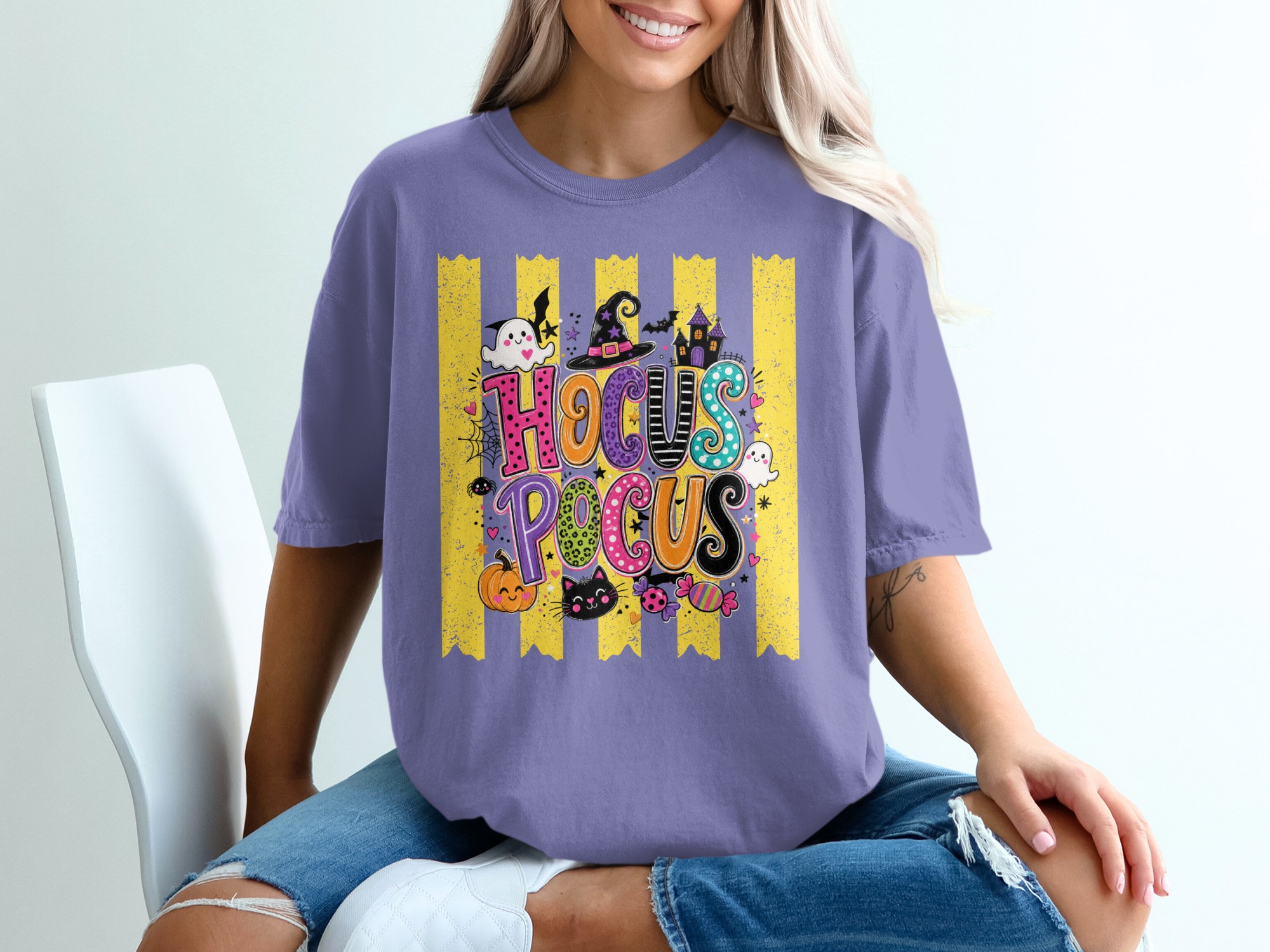 Hocus Pocus Halloween T-Shirt | Cute Spooky Season Witch Tee with Ghosts, Pumpkin, Black Cat & Bats | Fall Party Top for Women - Image 6