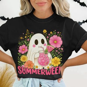 Summerween Floral Ghost T-Shirt | Cute Spooky Summer Tee | Kawaii Halloween Blooms Graphic Shirt | Watermelon Drink Ghost Top